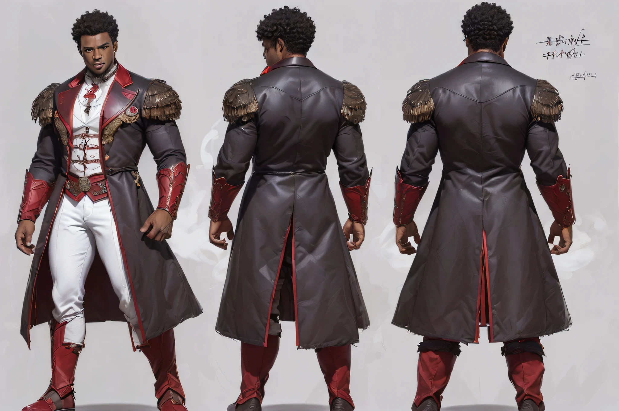 ((masterpiece)),(((best quality)),((((character design sheet, same character, front, side, back))), illustration, 1 African-American man, endomorphic physique, black and curly hair, environment Scene change, pose too, red male overcoat, (single background, white background: 1.3) --s --auto --s2