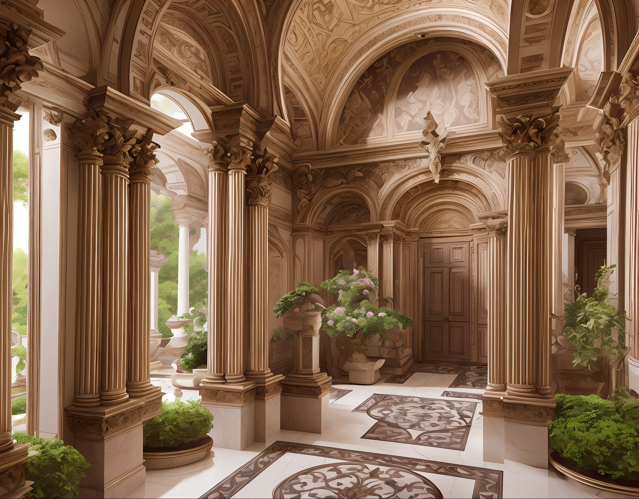there is a large room with a lot of columns and a door, inside a palace, inside a grand ornate room, neo - classical style, exquisite architecture, baroque interior, a wide open courtyard in an epic, stunning grand architecture, rococo architecture, classical architecture, in style of classicism, classicism artstyle, in a luminist baroque style