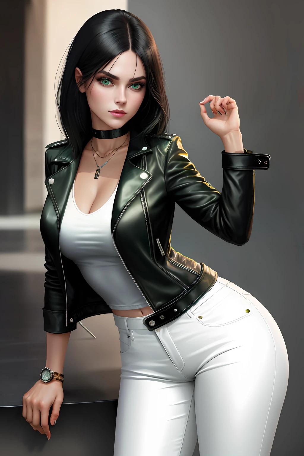 An attractive girl, with very beautiful green eyes, with a luxurious leather jacket, white pants, shiny black hair, white pants, leather jacket, wristwatch, jewelry, HD image, 8k, award-winning art, artwork,