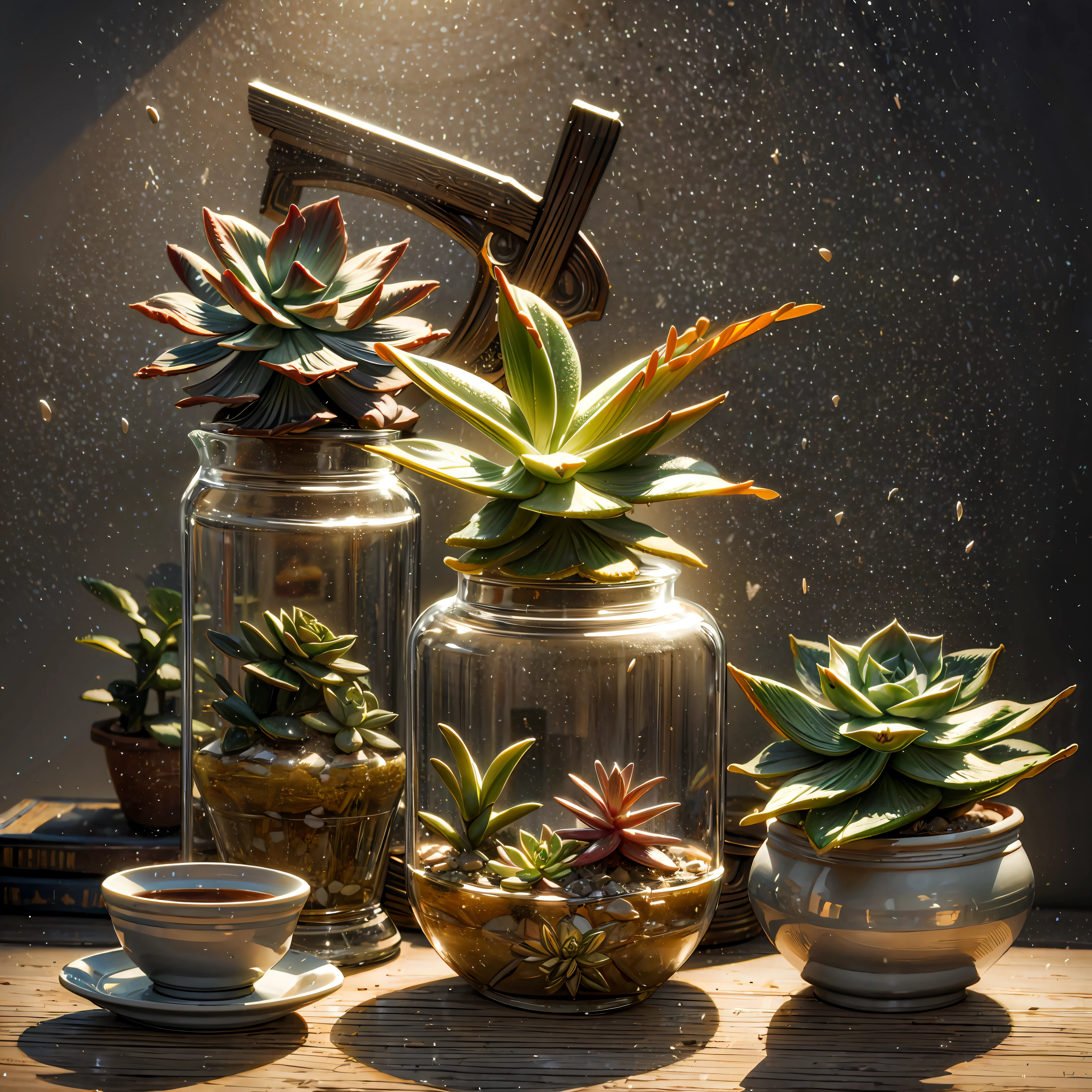 Very realistic Echeveria, close-up, wonderful lighting, volumetric atmosphere, some magic dust, photorealistic, wonderful shelf with plants on the background