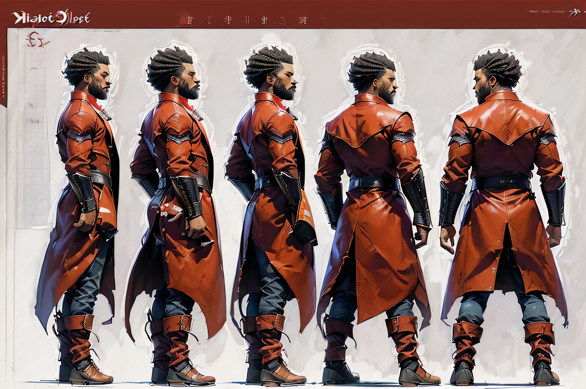 ((masterpiece)),(((best quality)),((((character design sheet, same character, front, side, back)))), illustration, 1 African-American man, athletic physique, curly black hair, environment Scene change, pose too, red male overcoat, (single background, white background: 1.3) --s --auto --s2