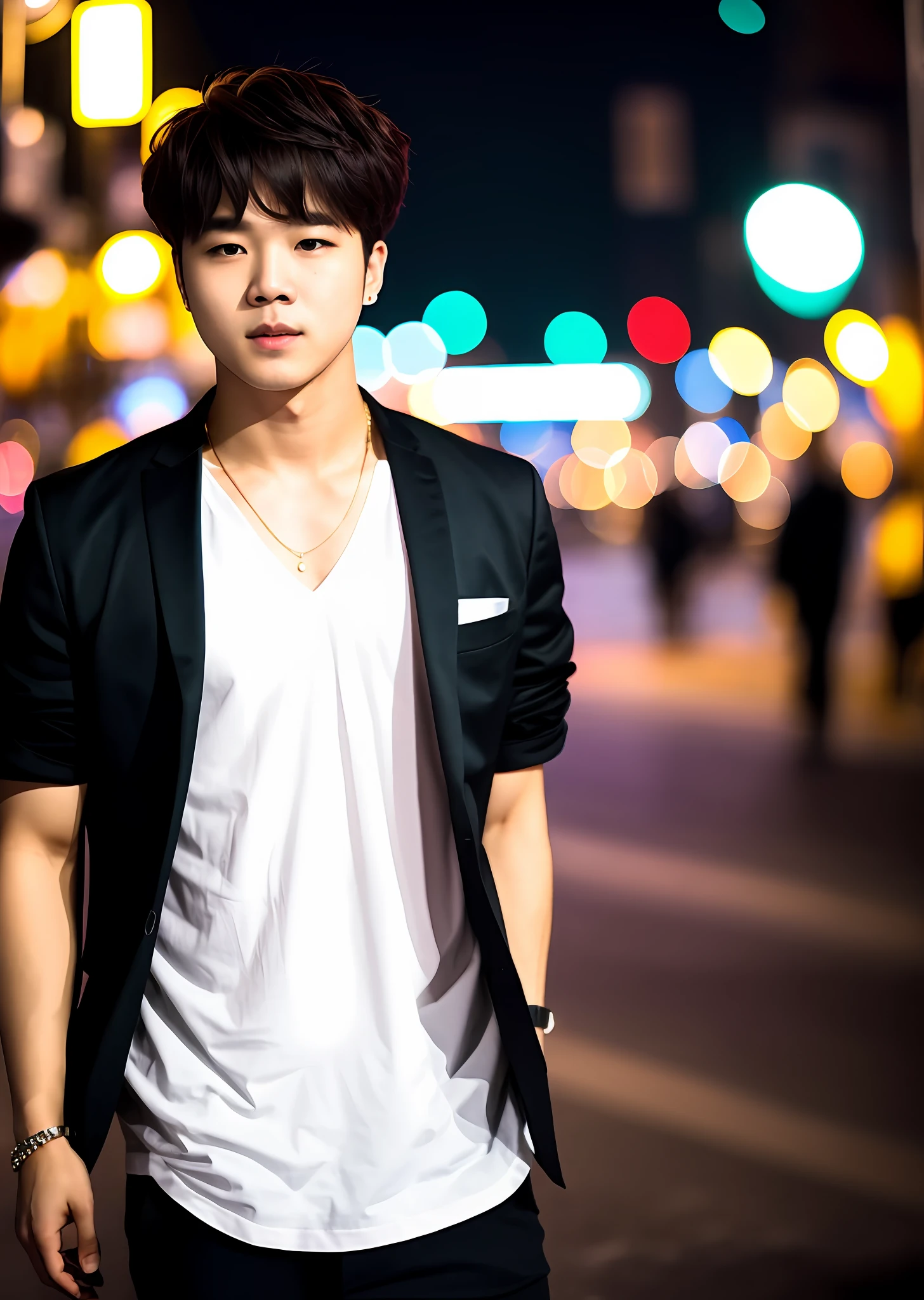 RAW photo, a photo of 25-year-old Park jimin, night, city street (very detailed skin: 1.2), 8k uhd, dslr, soft lighting, high quality, film grain, Fujifilm XT3