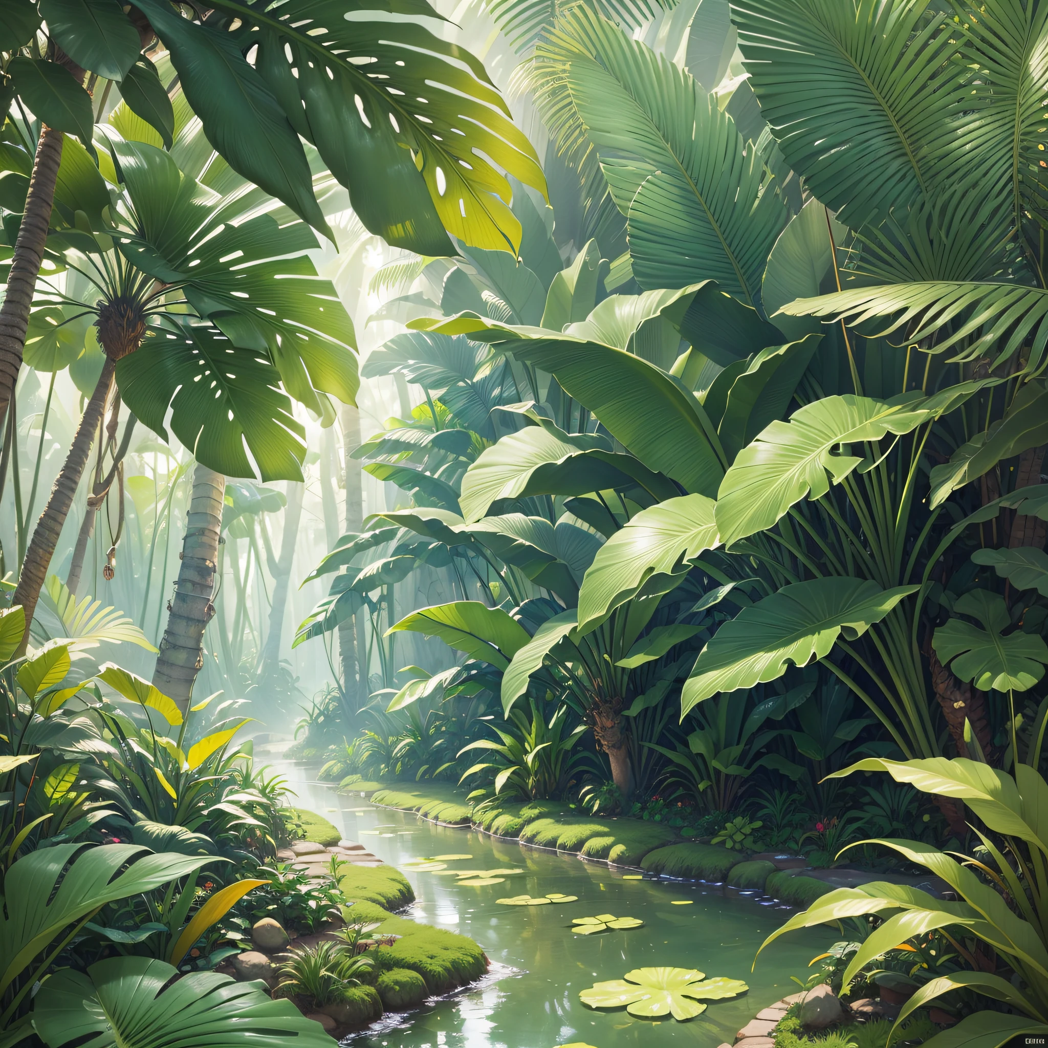 (extremely detailed and ultra-realistic CG unity 8k wallpaper, masterpiece) depicting a stunning and dreamy (watercolor) jungle scene, with lush and vibrant banana trees arranged in a beautiful pattern, the foliage rich in vibrant green shades, set against a misty backdrop that adds depth and mystery to the breathtaking image. --auto --s2