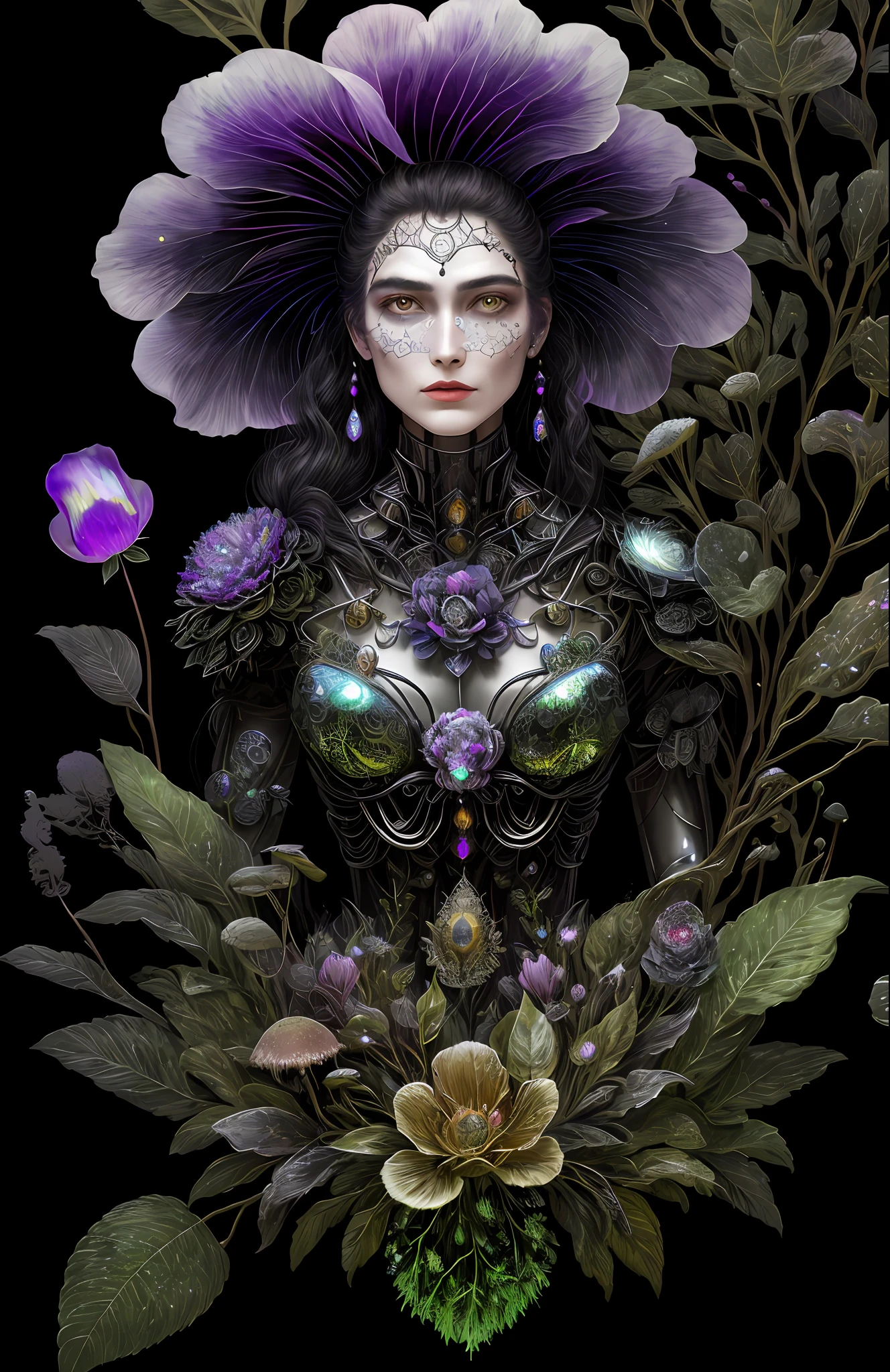 "Rosen maiden, (masterpiece, best quality), (illustration), strange fungal disease dense forest, transparent sticky substance, caustics, crystals, close-up, intricate details, dark background, sparkling spores, rainbow crystals, darkness", made of metal, cyborg: 1.1, [detailed wire]: 1.3, (complex details), HDR, (complex details, hyperdetailed: 1.2),