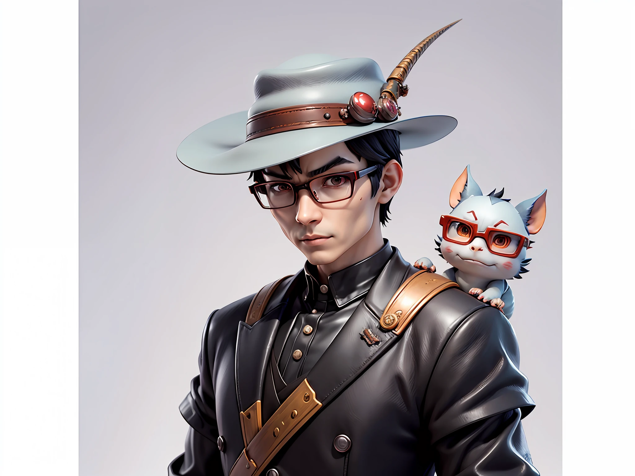 Young man with oriental face in leather hat, dragon, formal suit, short black hair, silver glasses, digital painting, 3D character design by Mark Clairedon and Pixar and Hayao Miyazaki and Akira Toriyama, the illustration is a high-definition illustration in 4K resolution with very detailed facial features and cartoon-style visuals.