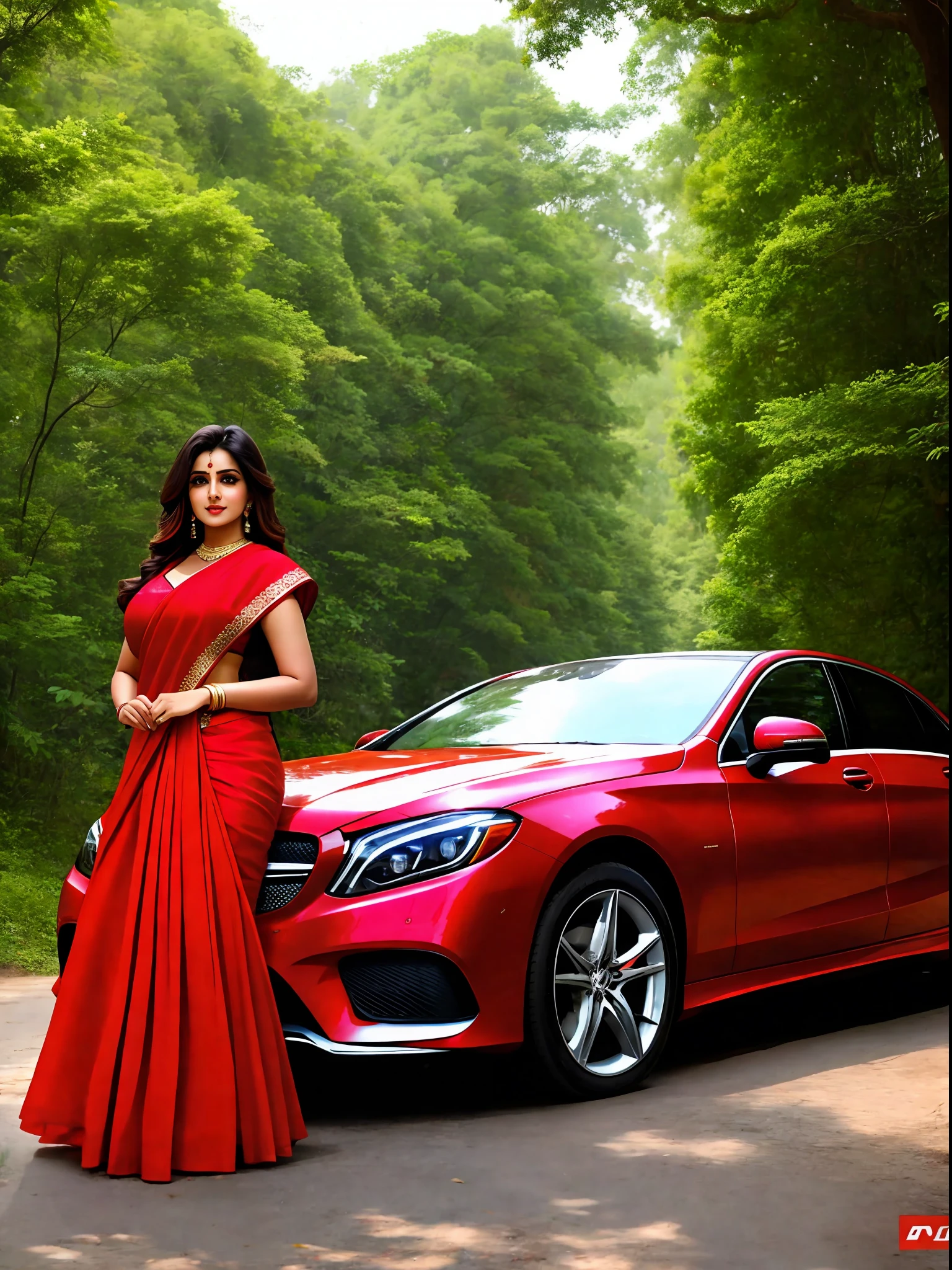 Hot bhabhi ji,red saree, pretty face,sexy look, drive a Mercedes car, in forest