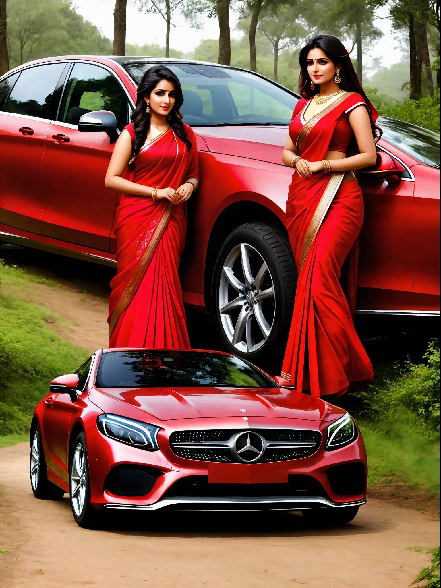 Hot bhabhi ji,red saree, pretty face,sexy look, drive a Mercedes car, in forest