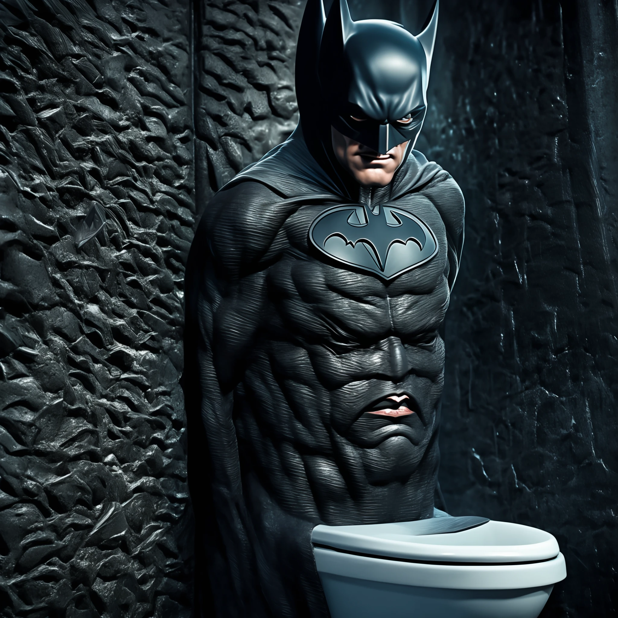 a toilet of batman, sober, scary, with the torso of batman behind the toilet, black color, quality, realistic,