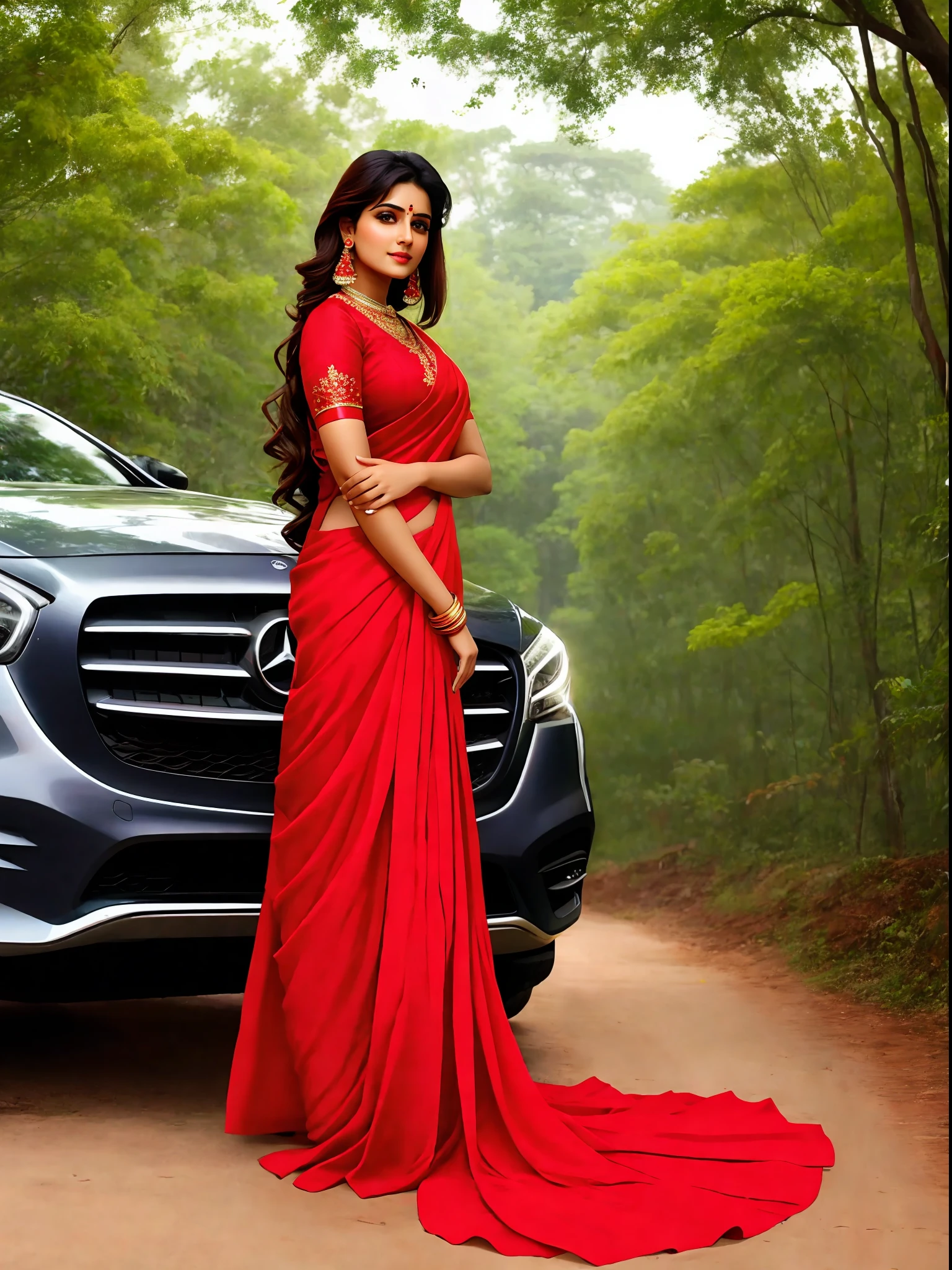 Hot bhabhi ji,red saree, pretty face,sexy look, drive a Mercedes car, in forest
