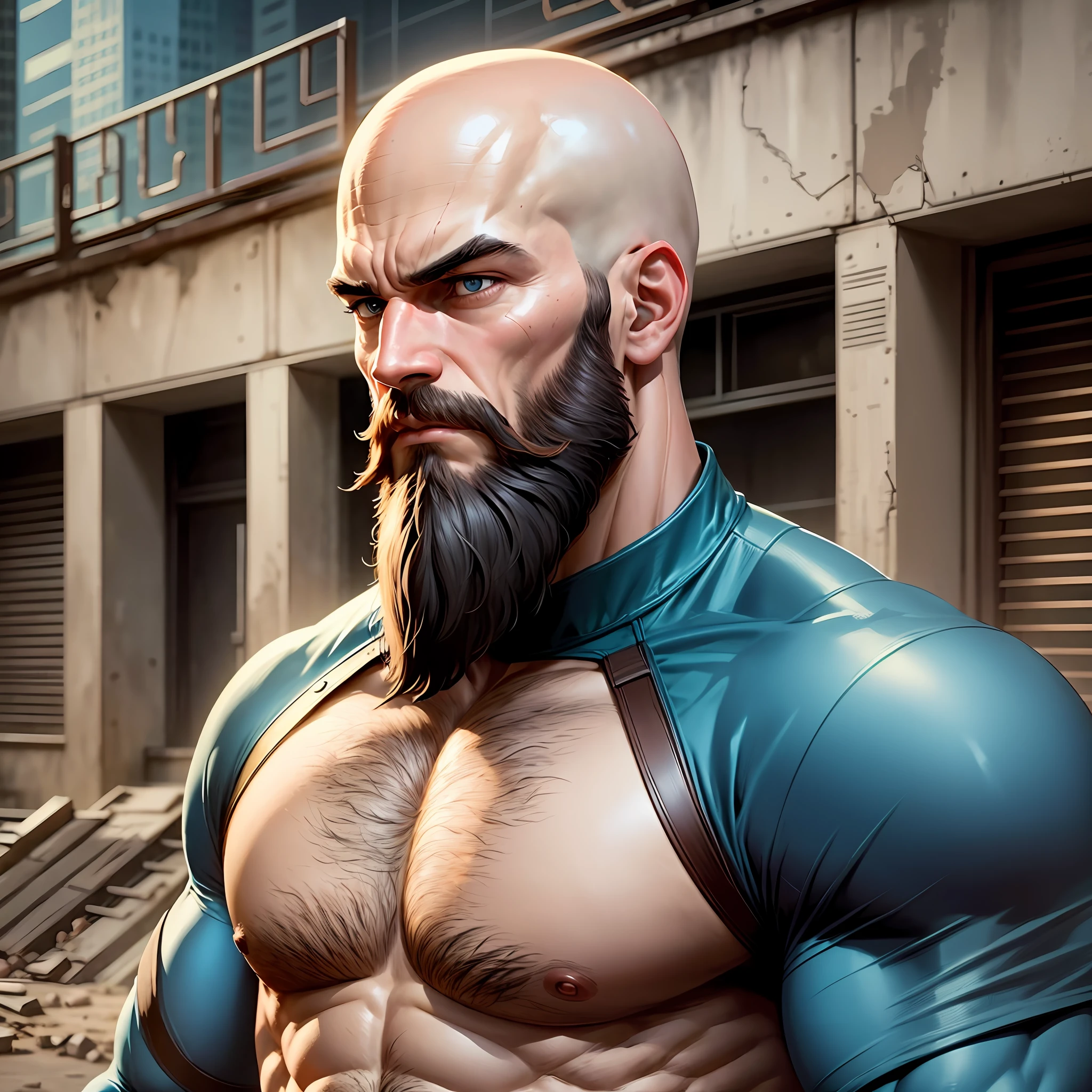 Surroundings is 25 years bald with long beard, strong, athletic on top of a comic book hero building --auto --s2