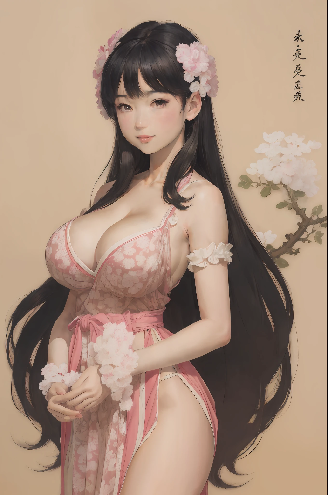 masterpiece, best quality, official art, 8k wallpaper, highly detailed, illustration, 1 girl, (solo:1.4), (large breasts, Showing Cleavage:1.2) black hair, long hair, detailed eyes, bamboo forrest, bare shoulders, lakes, pure, soft smile, gigantic cleavage breasts, Sakura flower, Sakura tree,