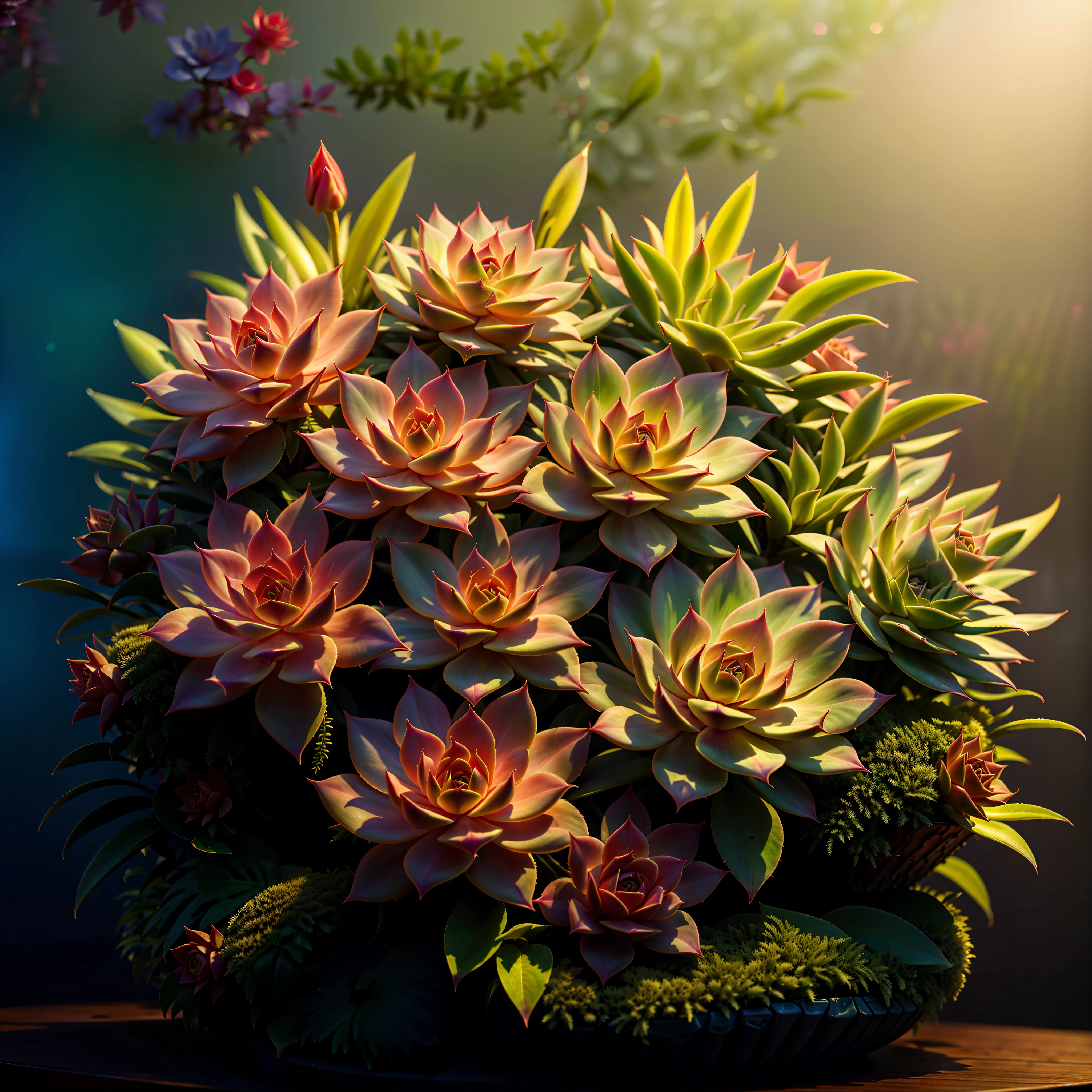 Very realistic Echeveria, close-up, wonderful lighting, volumetric atmosphere, some magic dust, photorealistic, wonderful shelf with plants on the background