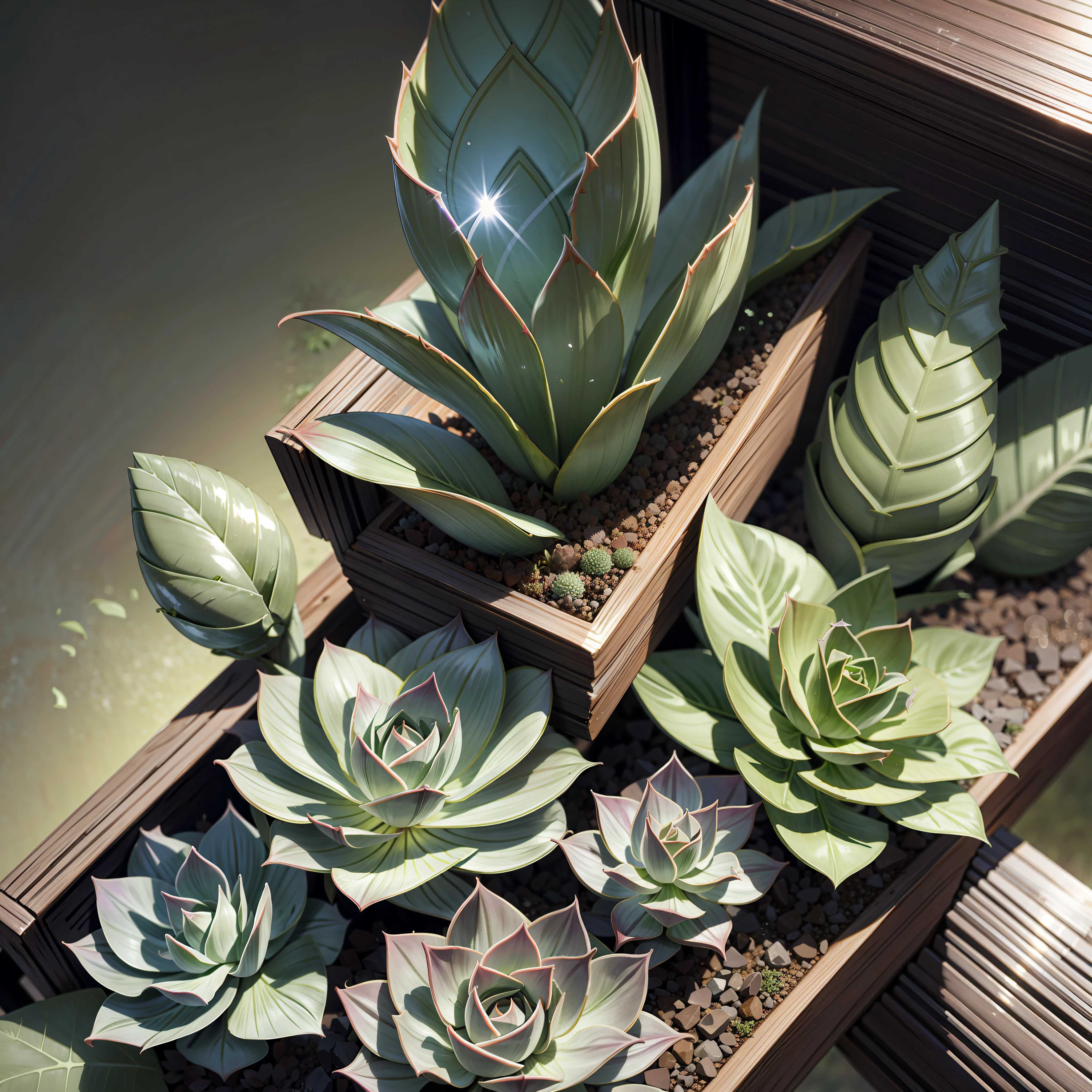 Very realistic Echeveria, close-up, wonderful lighting, volumetric atmosphere, some magic dust, photorealistic, wonderful shelf with plants on the background