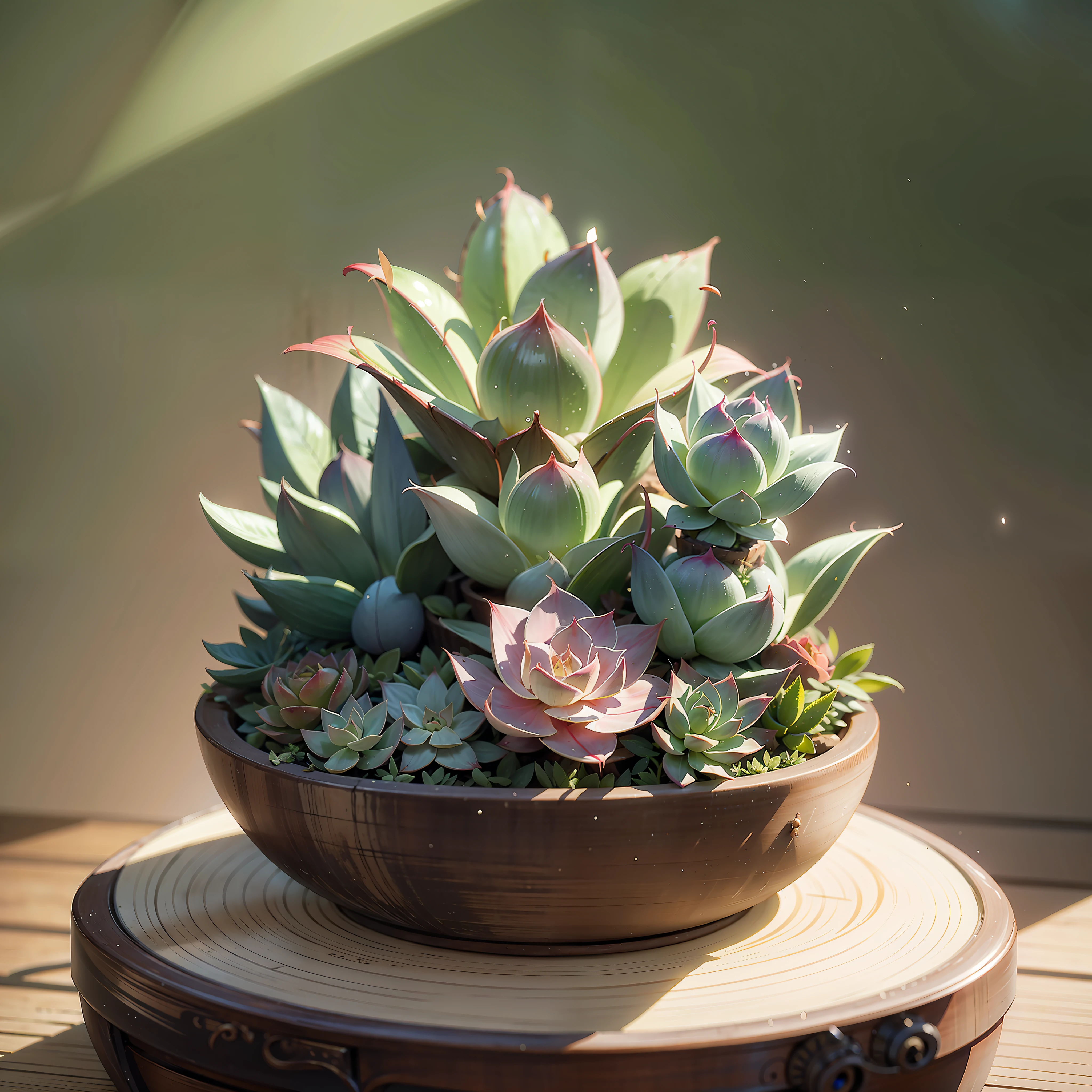 Very realistic Echeveria, close-up, wonderful lighting, volumetric atmosphere, some magic dust, photorealistic, wonderful shelf with plants on the background