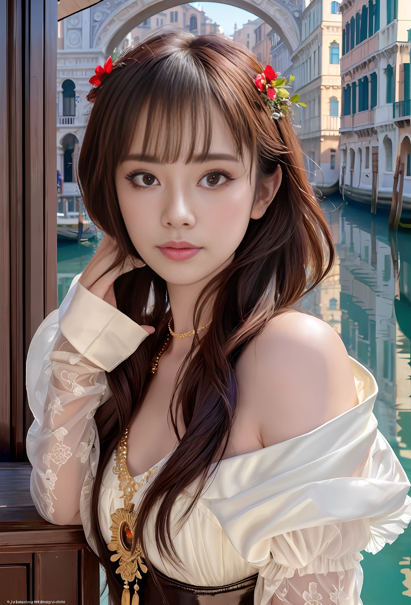 modelshoot style, (extremely detailed CG unity 8k wallpaper), full shot body photo of the most beautiful artwork in the world, stunningly beautiful photo realistic cute women, a hyper realistic ultra detailed photograph of a beautiful girl as a female 2020s dancer on the boat of 2020s Venice,(Bridge Of Sighs background),(princess eyes,shiny pupils), detailed symmetric beautiful hazel eyes, detailed gorgeous face,highly detailed, vibrant,professional majestic oil painting by Ed Blinkey, Atey Ghailan, Studio Ghibli, by Jeremy Mann, Greg Manchess, Antonio Moro, trending on ArtStation, trending on CGSociety, Intricate, High Detail, Sharp focus, dramatic, photorealistic painting art by midjourney and greg rutkowski