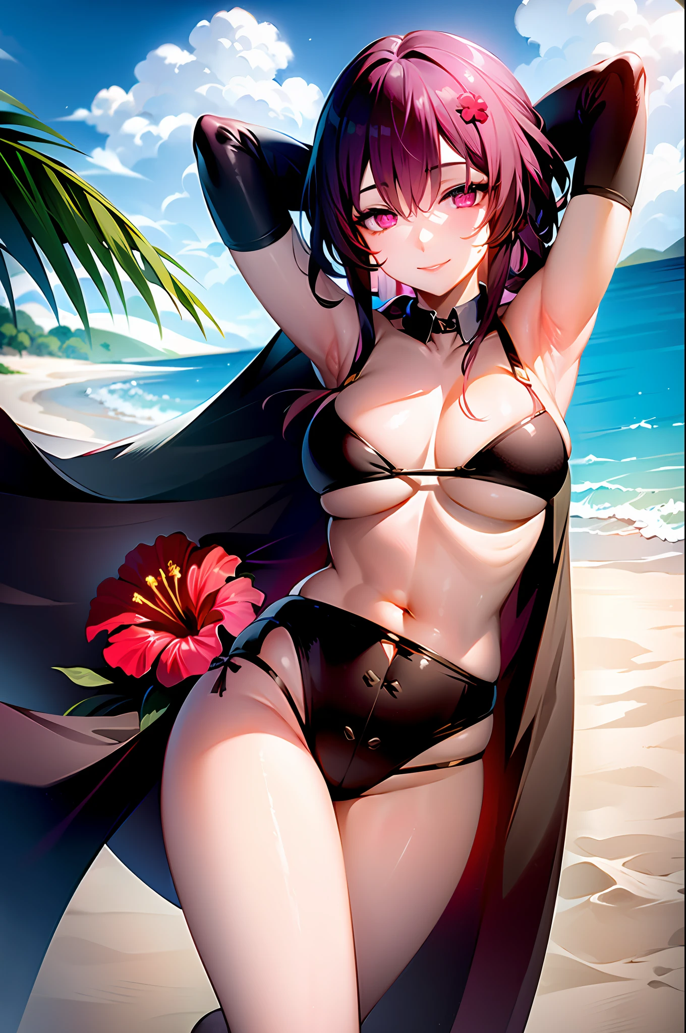 (masterpiece, best quality:1.2), cowboy shot, solo, 1girl, smile, closed mouth, looking at viewer, arms behind head, hair flower, hibiscus, bikini, sarong, beach