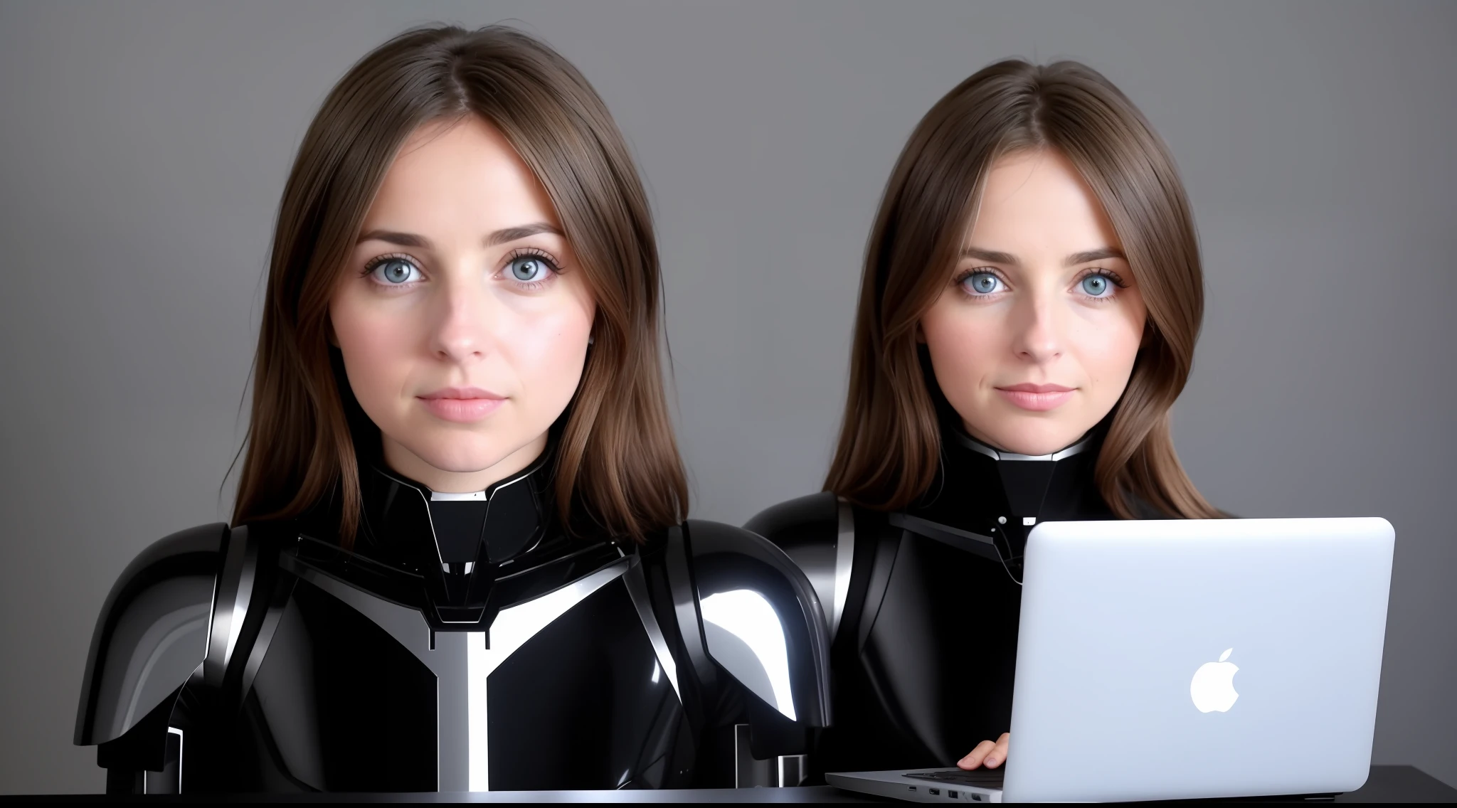 from bottom, long shot, ((looking at the camera)), 35 year old, A cute adult female working with a laptop, similar to Ana de Armas and with Alisson Hannigan, with a robot body metal shiny armor, robot body, android body, mechanic neck, cute expression, selfie, front facing, perfect eyes, blue eyes, real eyes, dark hair, office background, studio light, centered, black background, (front face) ((mouth close)) (negative space) (studio photo) (front face portrait), large shot, real eyes, real skin, human skin, pores, negative space, color photo, ((detailed pupils))