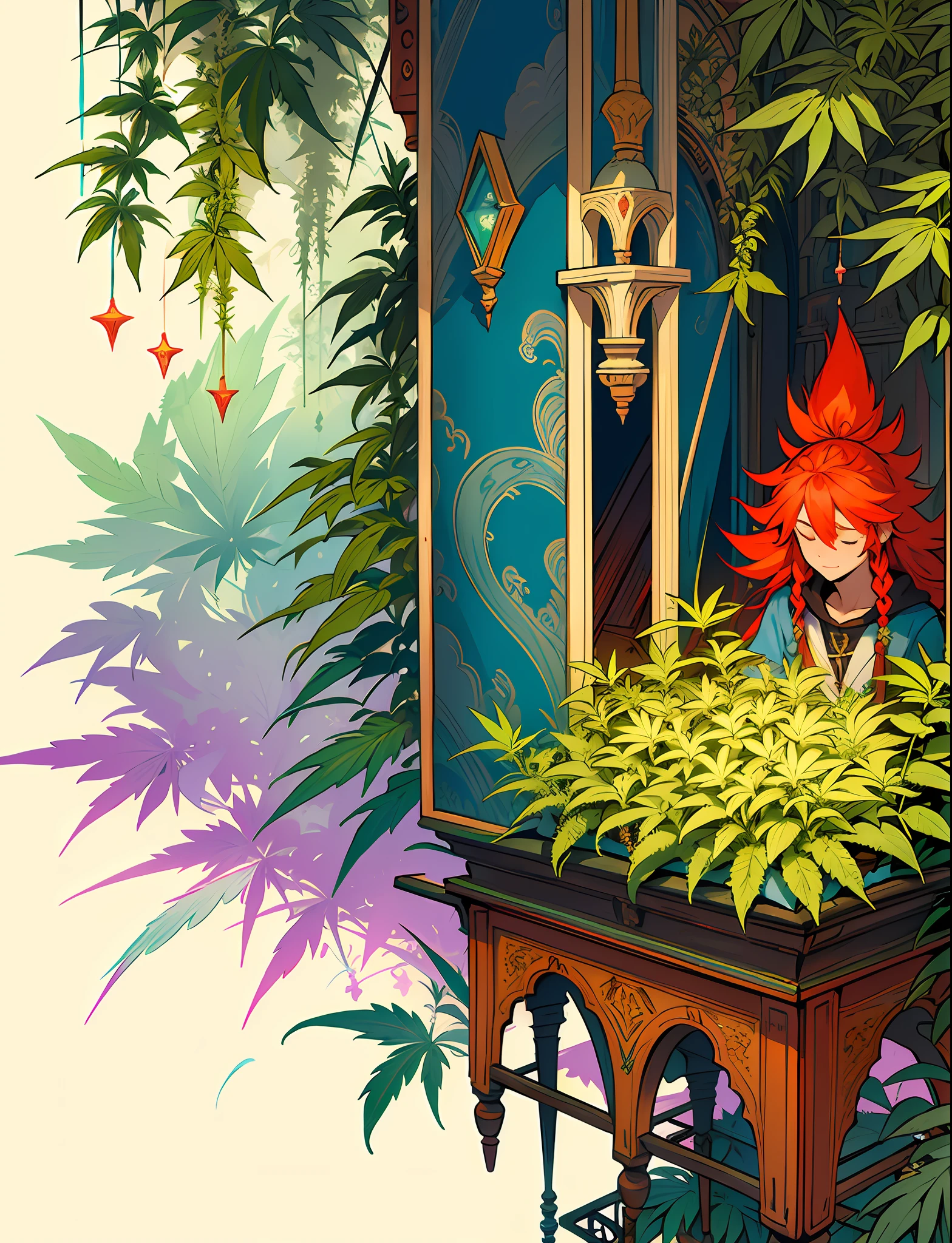 Train Close up (((train))) in love Hemp, leaf, marijuana, cannabis cone, ((illustration)), colorful, wallpaper, energy, secret, magical environment, magical environment, magic wand, pages flying in the sky, omniscience, prediction of the future, understanding the past, frost magic, spells, red hair, long hair, --v 6