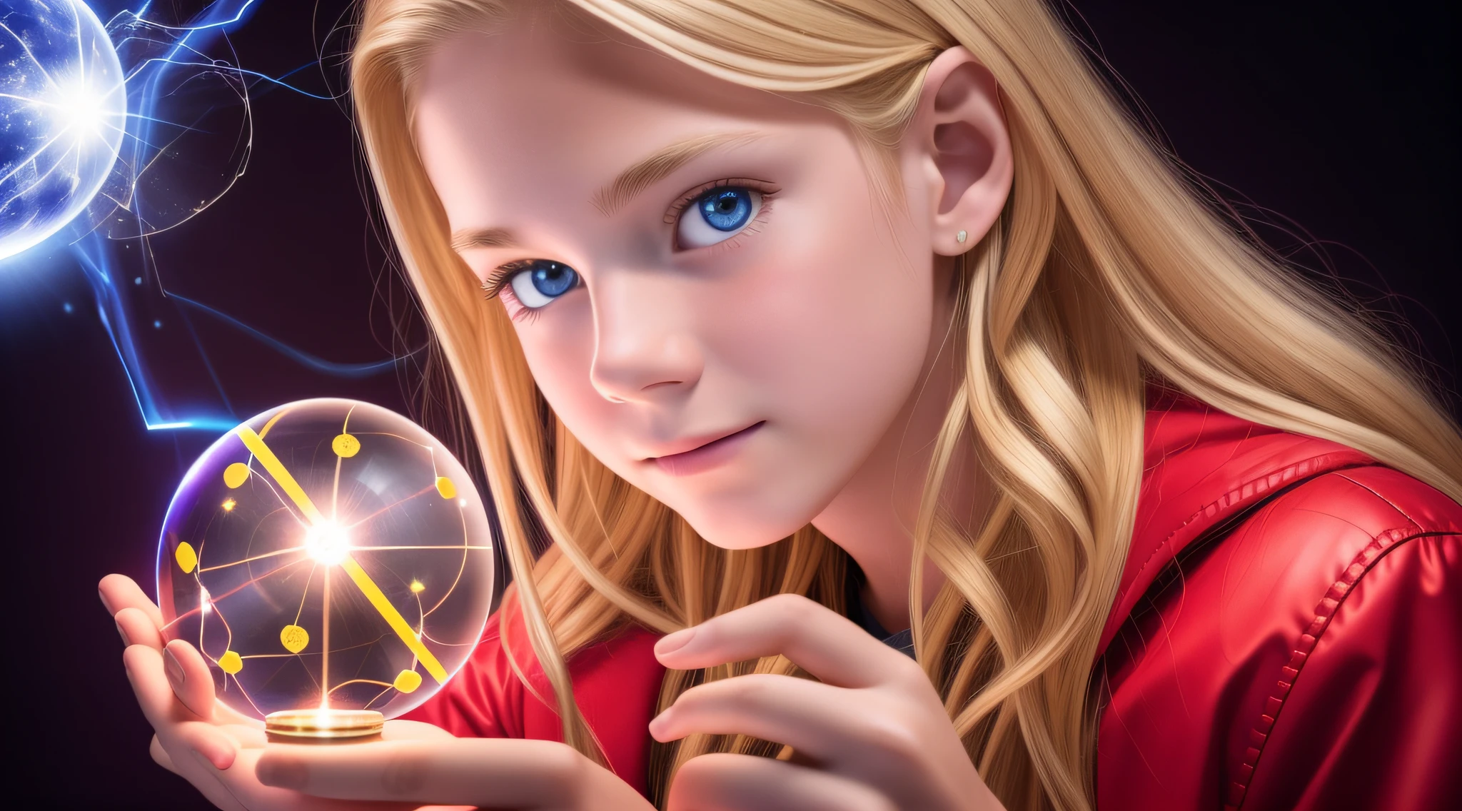 REALISTIC PHOTO, CLOSEUP, LONG BLONDE HAIRED BOY IN RED JACKETS, holding a glowing ball in his hands, mage pondering his orb, holding a glowing orb of dice, he is casting a lighting spell, holding a glowing orb, holding a crystal ball, psychic, crystal ball, cool marketing photo, stock photo, predicting the future, stock image, plasma globe, well-lit professional photo, magic,