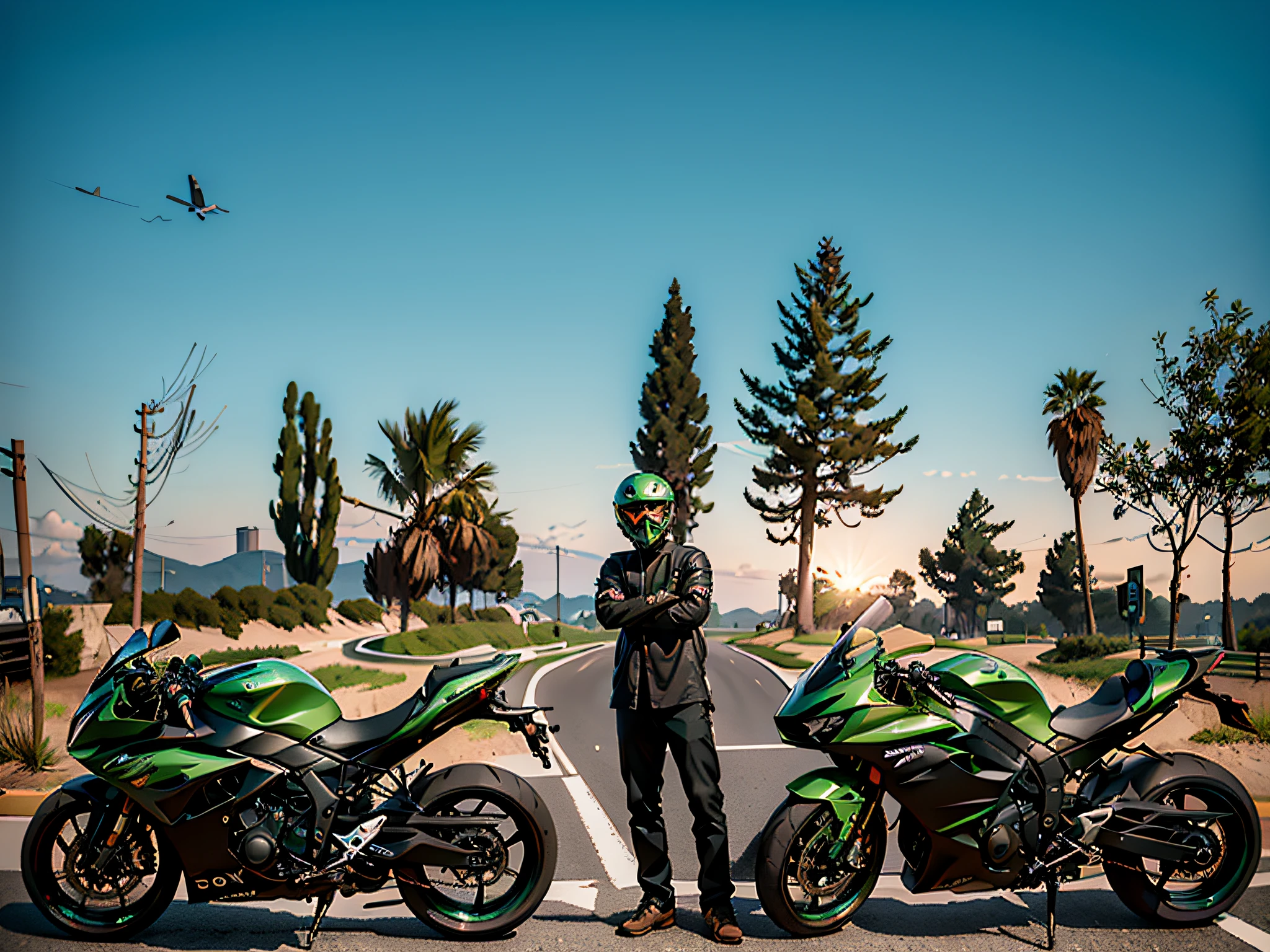 there are two motorcycles parked next to each other on the road, taken with sony alpha 9, taken with sony a7r camera, riding on the road, taken on iphone 1 3 pro, wearing green armor and helmet, at racer track, captured with sony a3 camera, shot with sony alpha 1 camera, photoshot, captured on iphone, touring, kawasaki