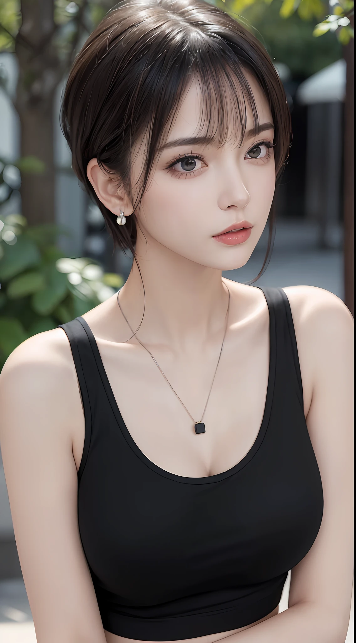(RAW photo, high resolution, best quality, masterpiece:1.3), (realistic detailed, hyperrealistic, photorealistic: 1.2), shot by Canon EOS R6, Sharp focus, f/1.8, mid shot, upper body shot, 1girl, very delicate and beautiful, beautiful detailed girl, very detailed eyes and face, triangular face, beautiful detailed eyes, (slender figure, thin waist), cleavage, ((black tank tops)), stylish pendant, black earrings, natural makeup, pink shiny lips, swept side stylish short hair, perfect style, (morning outdoor with low light background), ultra-realistic, highest quality, super detailed
