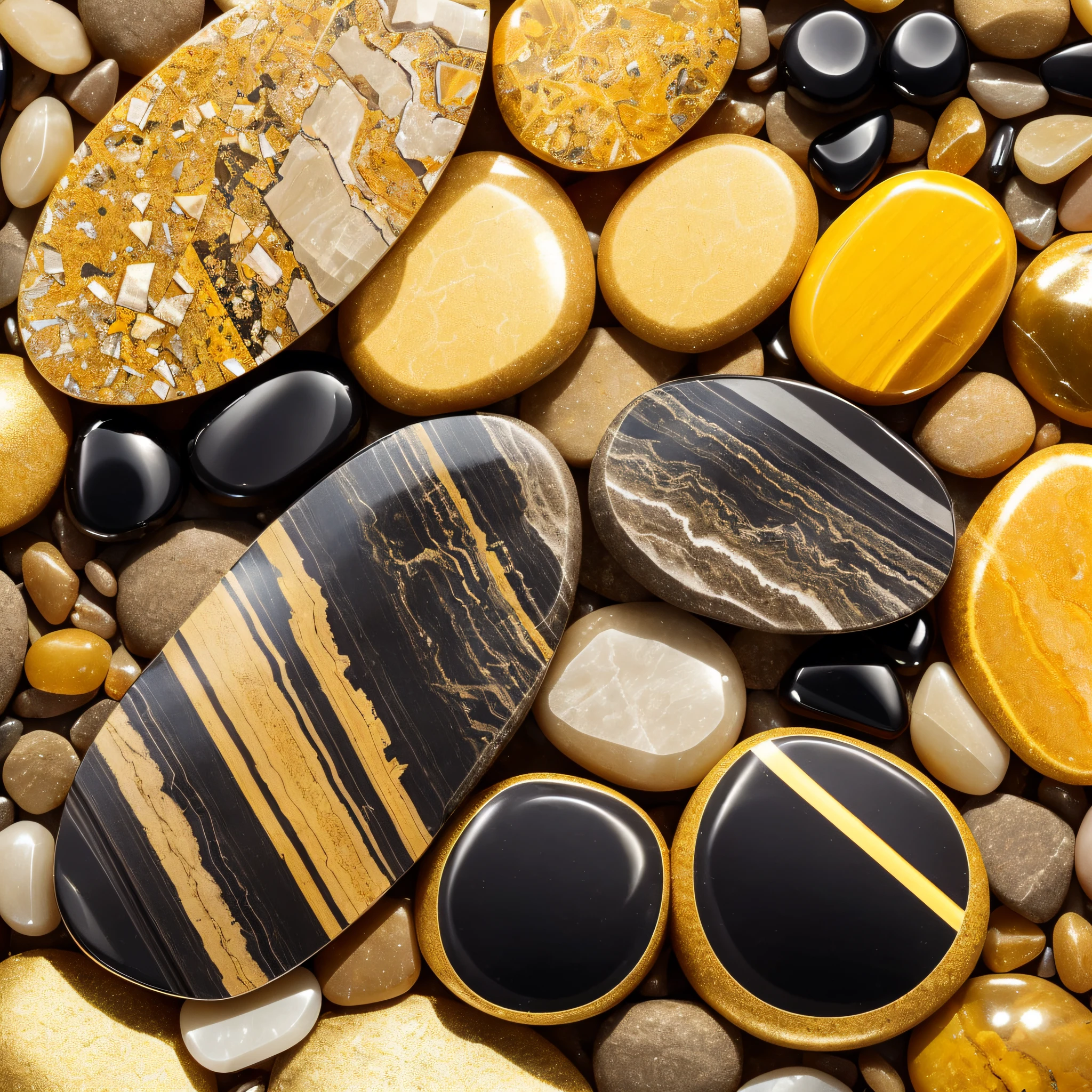 beach with gold metal, obsidian and giant yellow jasper gemstones top macro view --auto --s2