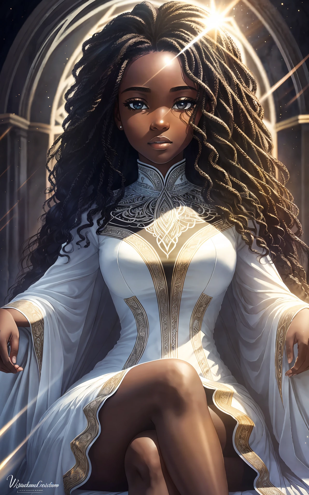 award winning 64k concept art of (black 1girl:1.2) in white majestic dress sitting on the throne in the mountains, posing, epic, god rays, centered, (masterpiece:1.2), (best quality:1.2), Amazing, highly detailed, beautiful, finely detailed, warm soft color grading, Depth of field, extremely detailed 8k, fine art, stunning, iridescent, shiny, (light reflections:1.2), (crisp:1.5), curls, wind, vibrant, sunlit, (edge detection:1.2)