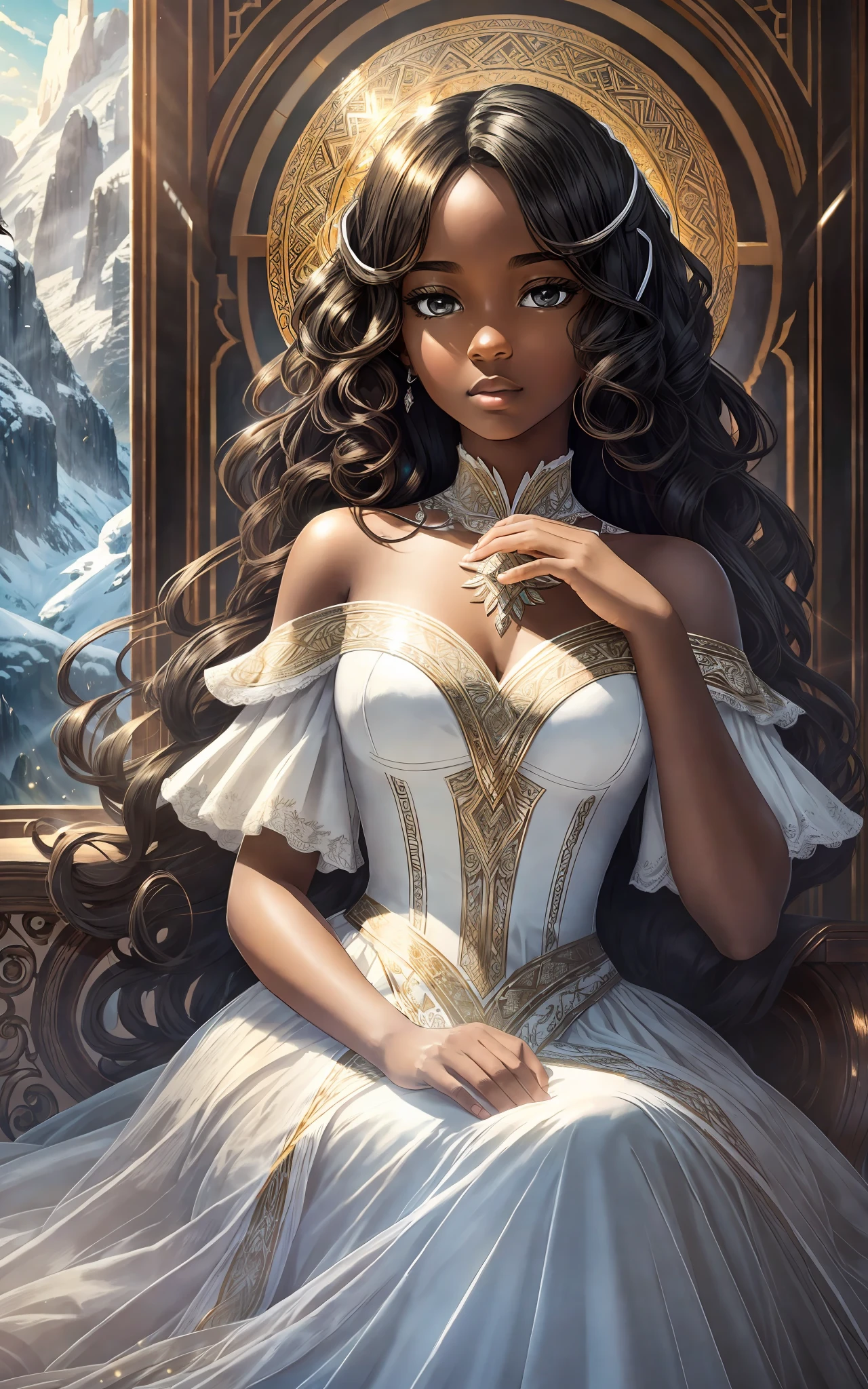 award winning 64k concept art of (black 1girl:1.2) in white majestic dress sitting on the throne in the mountains, posing, epic, god rays, centered, (masterpiece:1.2), (best quality:1.2), Amazing, highly detailed, beautiful, finely detailed, warm soft color grading, Depth of field, extremely detailed 8k, fine art, stunning, iridescent, shiny, (light reflections:1.2), (crisp:1.5), curls, wind, vibrant, sunlit, (edge detection:1.2)