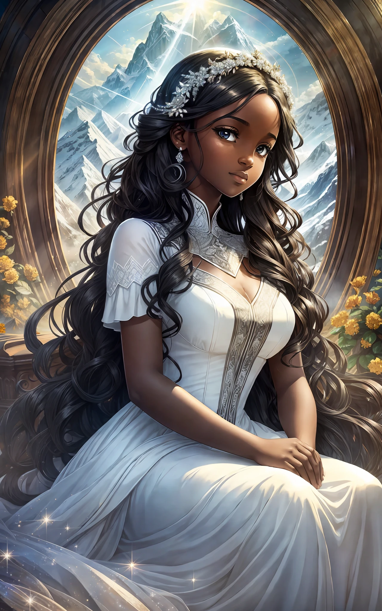 award winning 64k concept art of (black 1girl:1.2) in white majestic dress sitting on the throne in the mountains, posing, epic, god rays, centered, (masterpiece:1.2), (best quality:1.2), Amazing, highly detailed, beautiful, finely detailed, warm soft color grading, Depth of field, extremely detailed 8k, fine art, stunning, iridescent, shiny, (light reflections:1.2), (crisp:1.5), curls, wind, vibrant, sunlit, (edge detection:1.2)