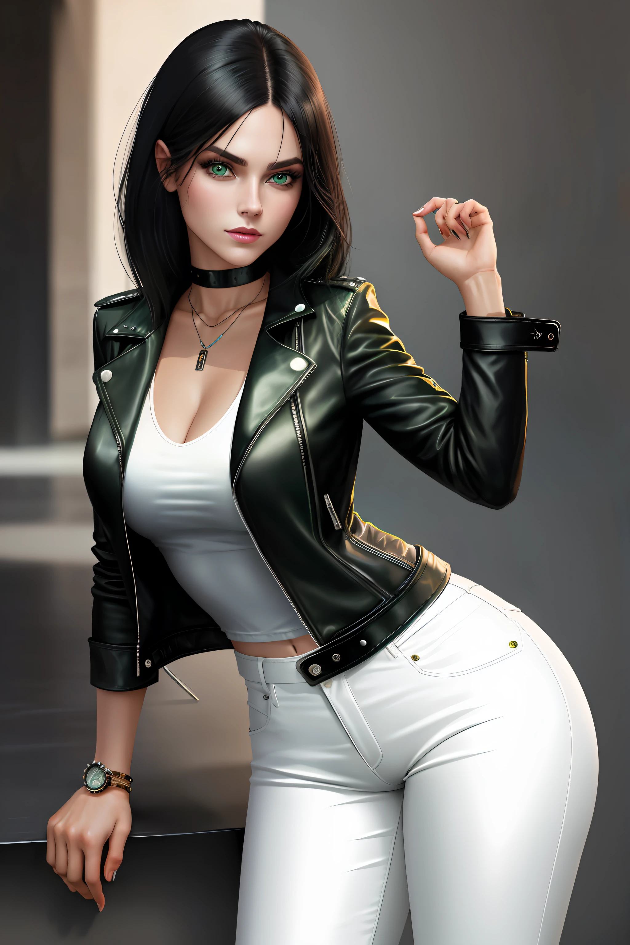 An attractive girl, with very beautiful green eyes, with a luxurious leather jacket, white pants, shiny black hair, white pants, leather jacket, wristwatch, jewelry, HD image, 8k, award-winning art, artwork,