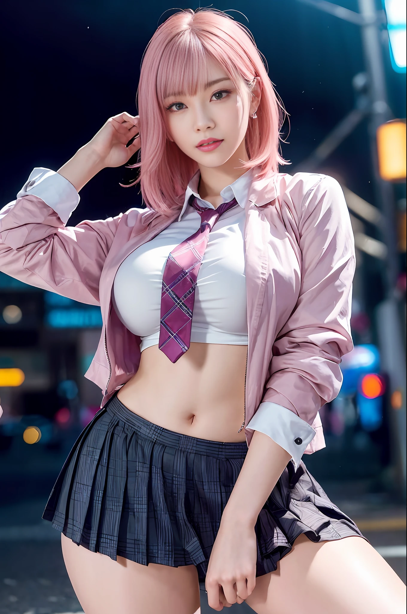 there is a woman with pink hair and a tie posing for a picture, anime girl in real life, anime girl cosplay, a hyperrealistic schoolgirl, seductive pretty girl, hyperrealistic schoolgirl, attractive real girl, cute girl with short pink hair, anime style mixed with fujifilm, beautiful real high school girl, pretty girl, cyberpunk  girl, anime cosplay, cosplay,  masterpiece, superdeformed, full body: 1.2, ultra high res, RAW photo, masterpiece, ultra detailed, 8k, full detailed hair, highres, best quality, ultra high res, ultra detailed face and eyes, (photorealistic:1.4), looking at viewer, smiling, cute,  (ray tracing:1.4), (long legs:1.4), Best quality , masterpiece, large hip, Fully facial detailed, beautiful, ((very detailed of hair )) , (((18 years old))), thin lips, big eyes, highres, seducing, blue eyes , slim waist, 8k, 16k, highres,
karol bak uhd, inspired by hajime sorayama,