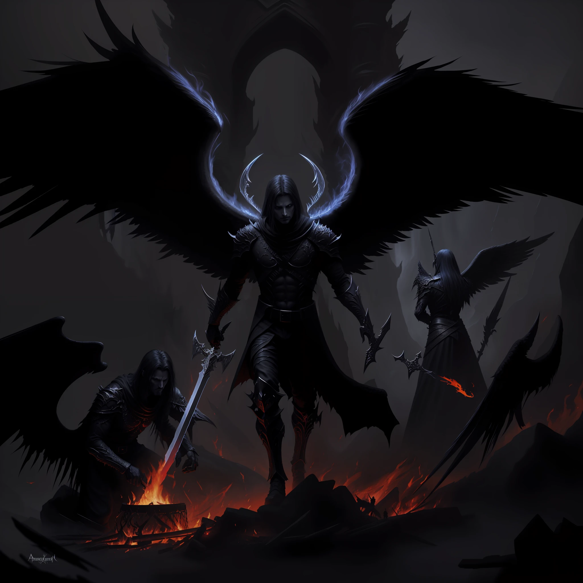 a painting of a man with wings and a sword standing in front of a fire, angel in hell, epic fantasy digital art style, epic fantasy art style, the angel of death, angel watching demon, angels and demons, archangel, dark fantasy style art, the angel of death with a halo, with hellish devil wings, epic fantasy style art