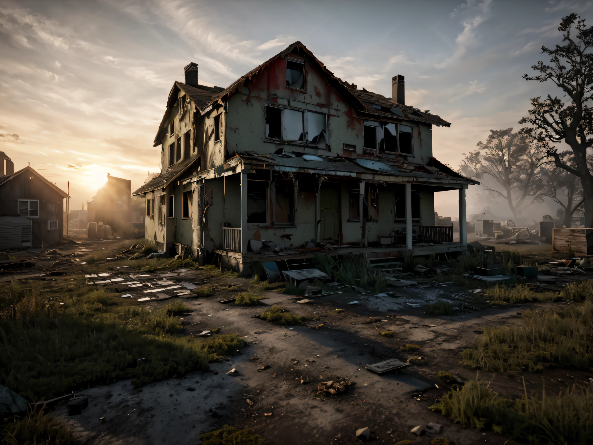 3d render of exterior home, abandoned, dramatic color grade, moss, abandoned, broken, old, accurate color grading, rvb, Sony A7 III, Sigma Art 85 mm f/1,4 DG HSM, perfect, subsurface scattering, unreal engine, dusty sun light, dystopian world