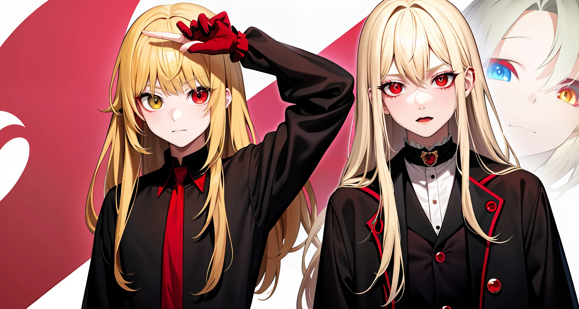 anime style, vampire girl, blonde, with red eyes, small, on the back of a brown boy with long hair, wearing black clothes, the boy's eyes have heterochromia, one being yellow and the other red