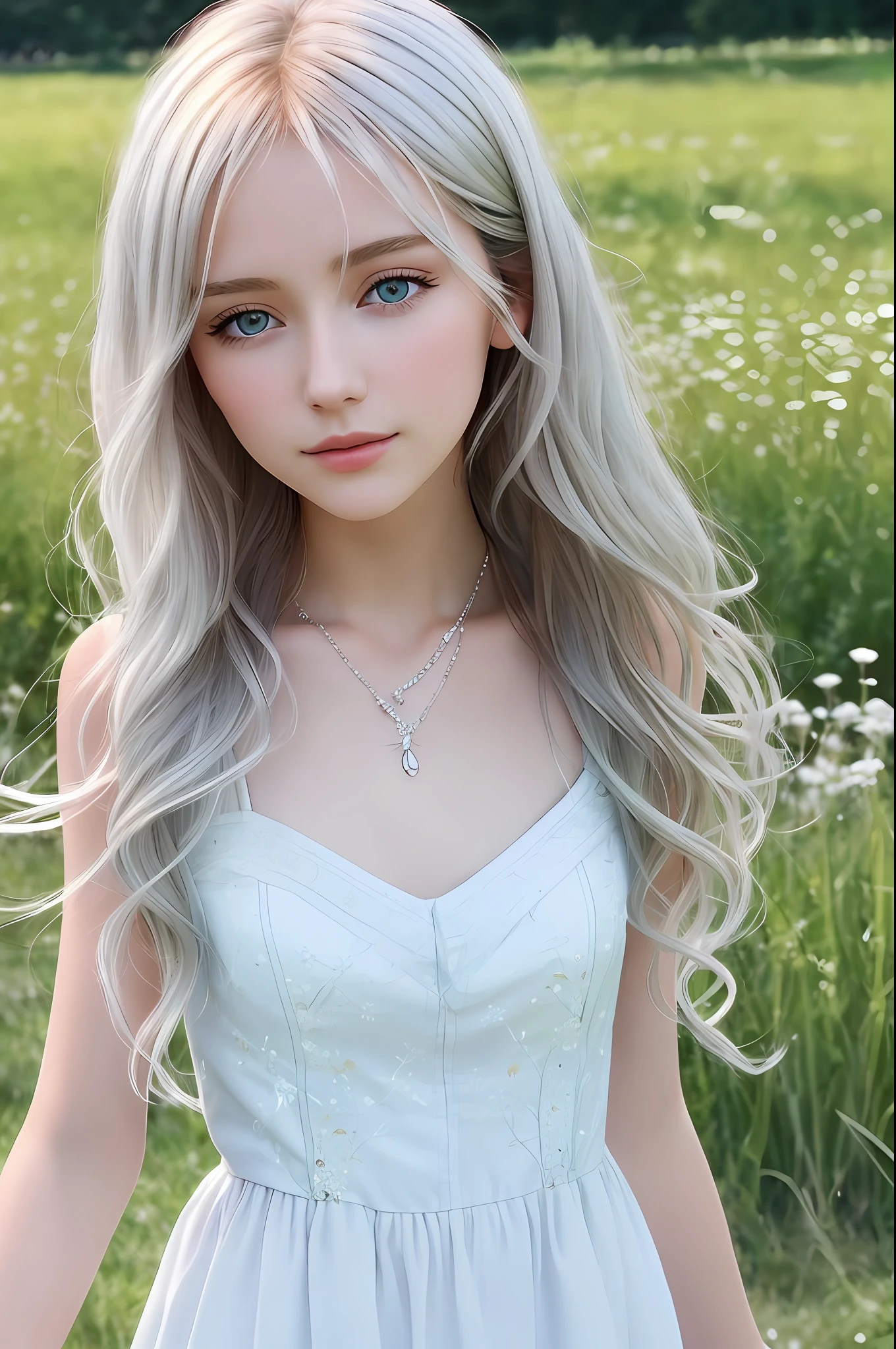 best quality, beautiful european (young 1girl), (detailed cute face+eyes), aqua iris, detailed wavy blonde medium hair, real hair movement, simple pure white dress, simple silver necklace, walking on blooming meadow, sunny day, cinematic lighting, photorealistic, sharp focus, wide angle, pov face