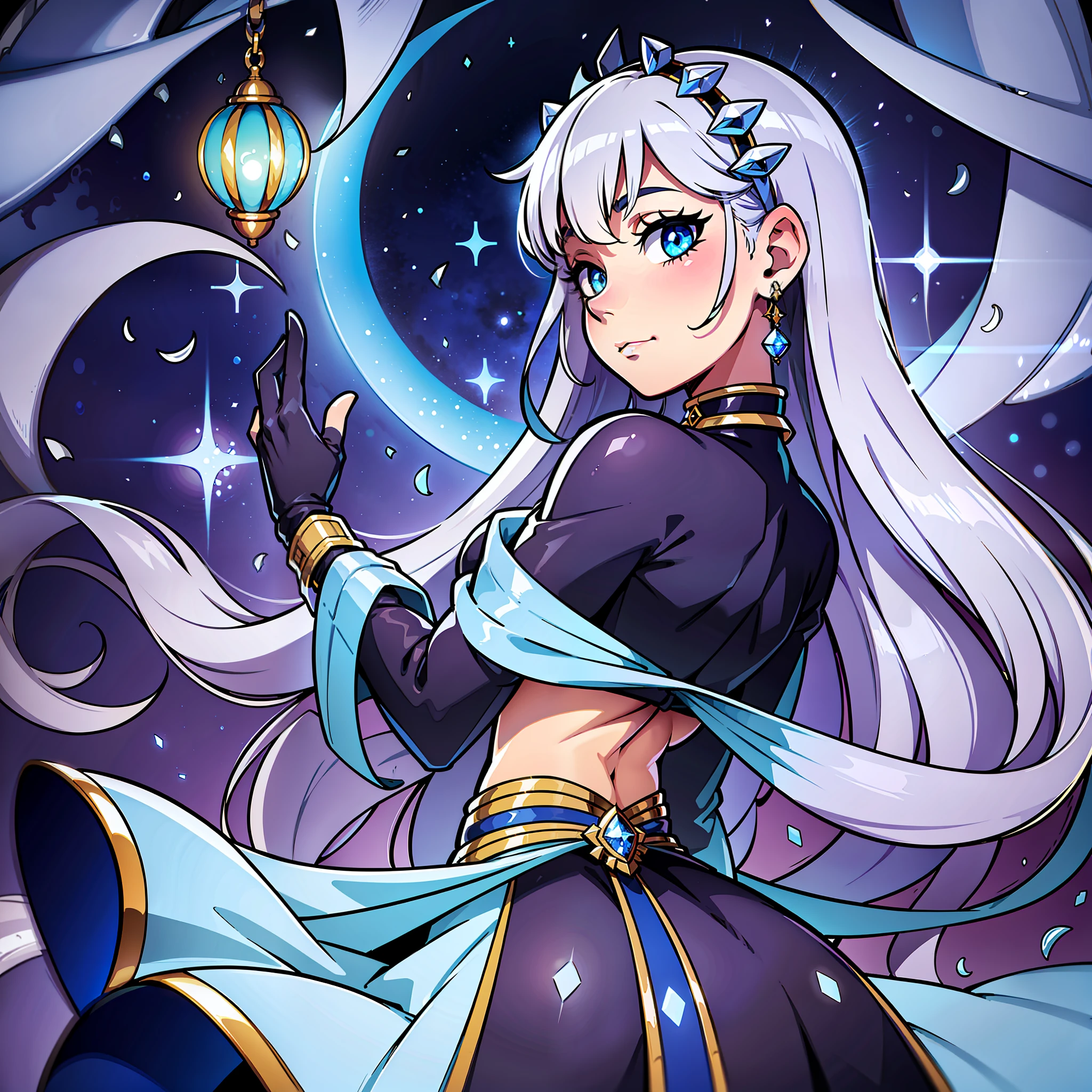 Mysterious, Enigmatic, Otherworldly, Solitary, Sage, Lunar being, Moonlight, Silver-white hair, Shimmering blue and silver ribbons, Moonlit night, Reflective eyes, Deep wisdom, Melancholy, Slender, Graceful, Pale luminescence, Moonlight glow, Silver-white hair, Shimmering blue and silver ribbons, Reflective eyes, Silvery-blue glow, Moonlit night, Flowing gown, Phases of the moon, Dark blue, Deep purple, Silver and gold celestial patterns, Stars, Moons, Constellations, High collar, Hood, Silver amulet, Delicate chain, lantern, Moon, Gentle source of light, Silver rings, Moonstones, 1girl, simple background, colored background, wide hips, full body, pin up, big butt, from the back