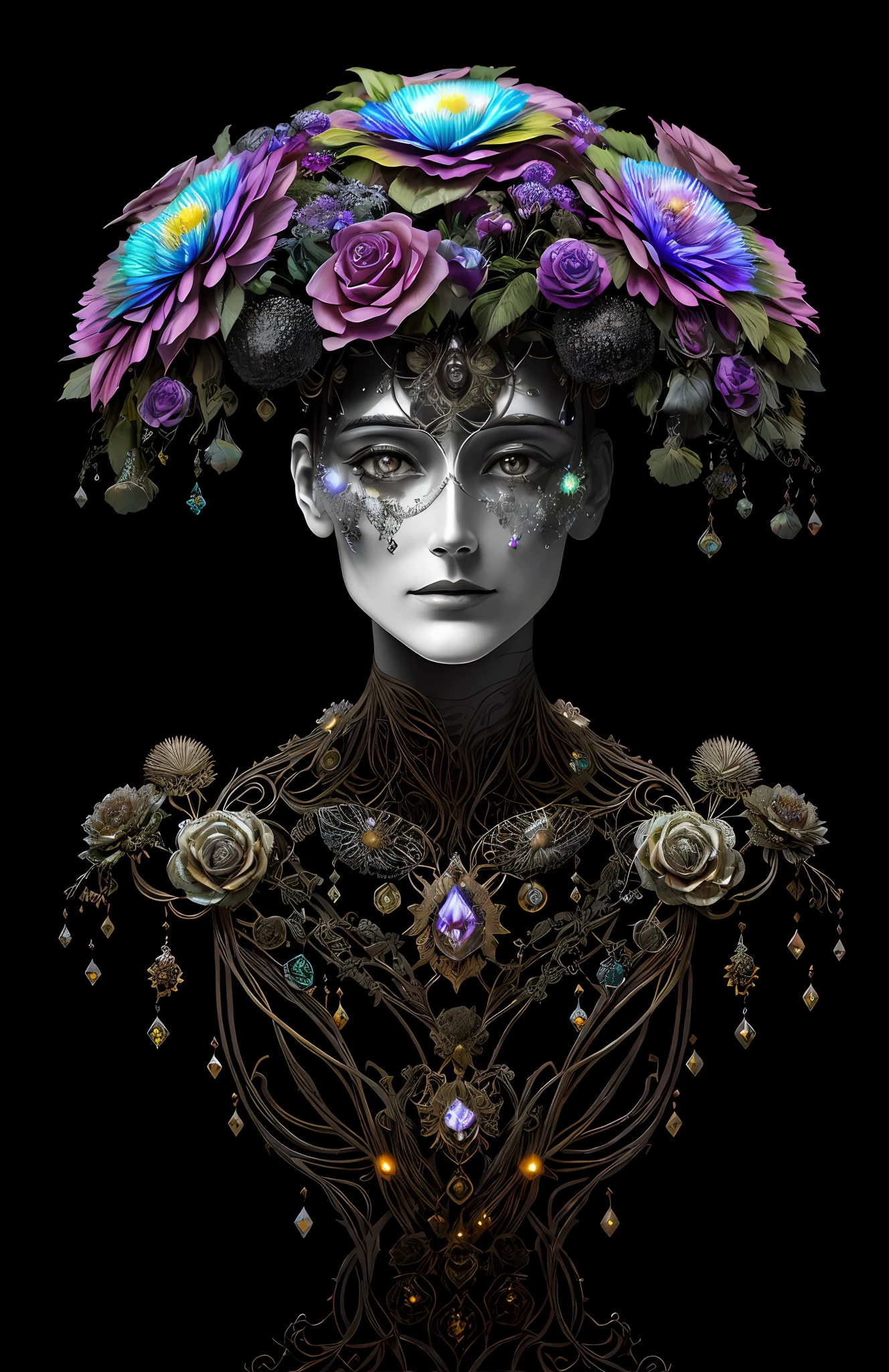 "Rosen maiden, (masterpiece, best quality), (illustration), strange fungal disease dense forest, transparent sticky substance, caustics, crystals, close-up, intricate details, dark background, sparkling spores, rainbow crystals, darkness", made of metal, cyborg: 1.1, [detailed wire]: 1.3, (complex details), HDR, (complex details, hyperdetailed: 1.2),