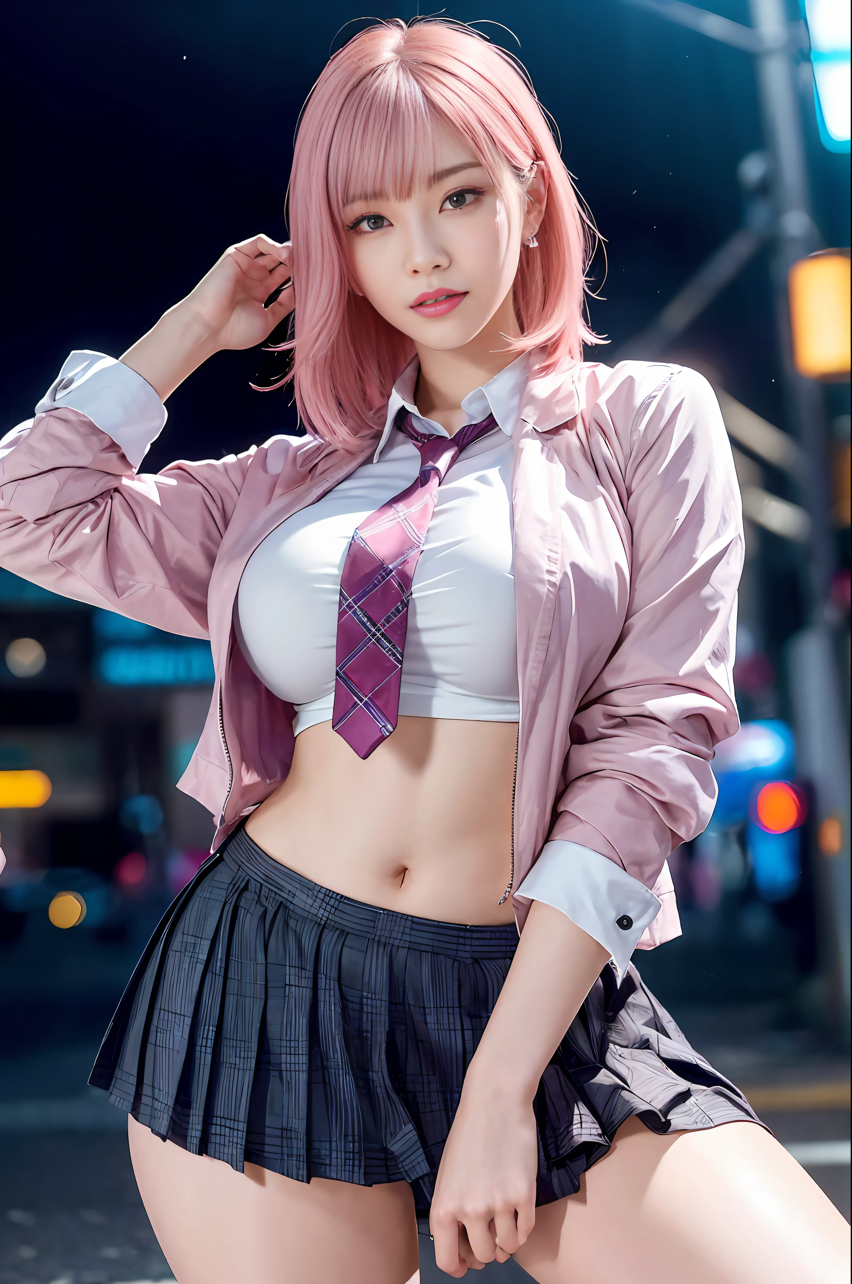there is a woman with pink hair and a tie posing for a picture, anime girl in real life, anime girl cosplay, a hyperrealistic schoolgirl, seductive pretty girl, hyperrealistic schoolgirl, attractive real girl, cute girl with short pink hair, anime style mixed with fujifilm, beautiful real high school girl, pretty girl, cyberpunk girl, anime cosplay, cosplay, masterpiece, superdeformed, full body: 1.2, ultra high res, RAW photo, masterpiece, ultra detailed, 8k, full detailed hair, highres, best quality, ultra high res, ultra detailed face and eyes, (photorealistic:1.4), looking at viewer, smiling, cute, (ray tracing:1.4), (long legs:1.4), Best quality , masterpiece, large hip, Fully facial detailed, beautiful, ((very detailed of hair )) , (((18 years old))), thin lips, big eyes, highres, seducing, blue eyes , slim waist, 8k, 16k, highres,
karol bak uhd, inspired by hajime sorayama,