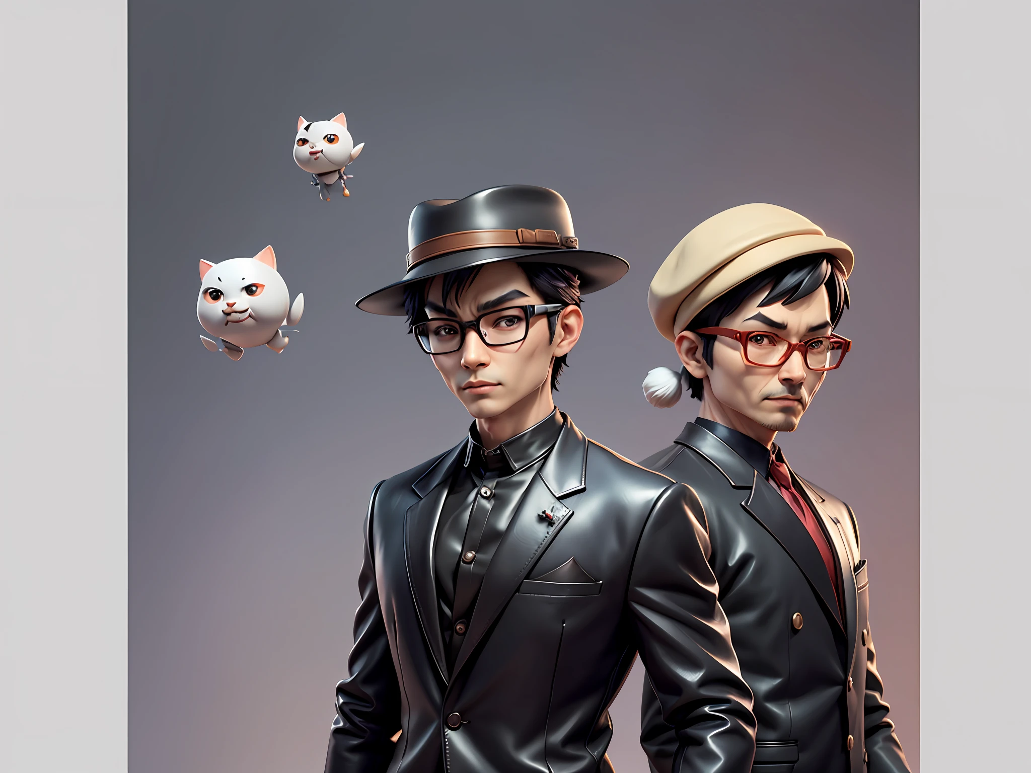 Young man with oriental face in leather hat, tiger, oriental face in formal suit, short black hair, silver glasses, digital painting, 3D character design by Mark Clairedon and Pixar and Hayao Miyazaki and Akira Toriyama, the illustration is a high-definition illustration in 4K resolution with very detailed facial features and cartoon-style visuals.