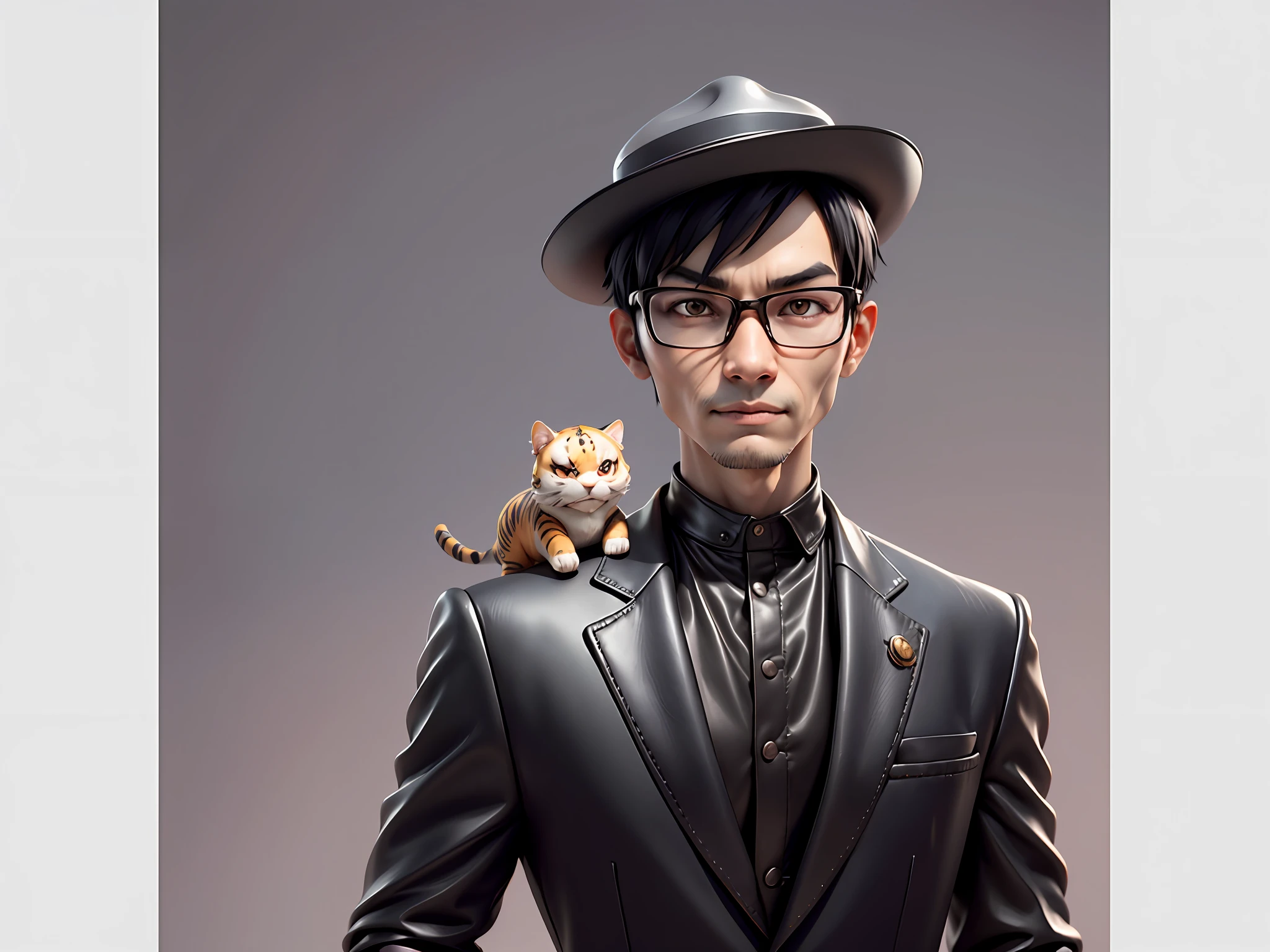 Young man with oriental face in leather hat, tiger, oriental face in formal suit, short black hair, silver glasses, digital painting, 3D character design by Mark Clairedon and Pixar and Hayao Miyazaki and Akira Toriyama, the illustration is a high-definition illustration in 4K resolution with very detailed facial features and cartoon-style visuals.