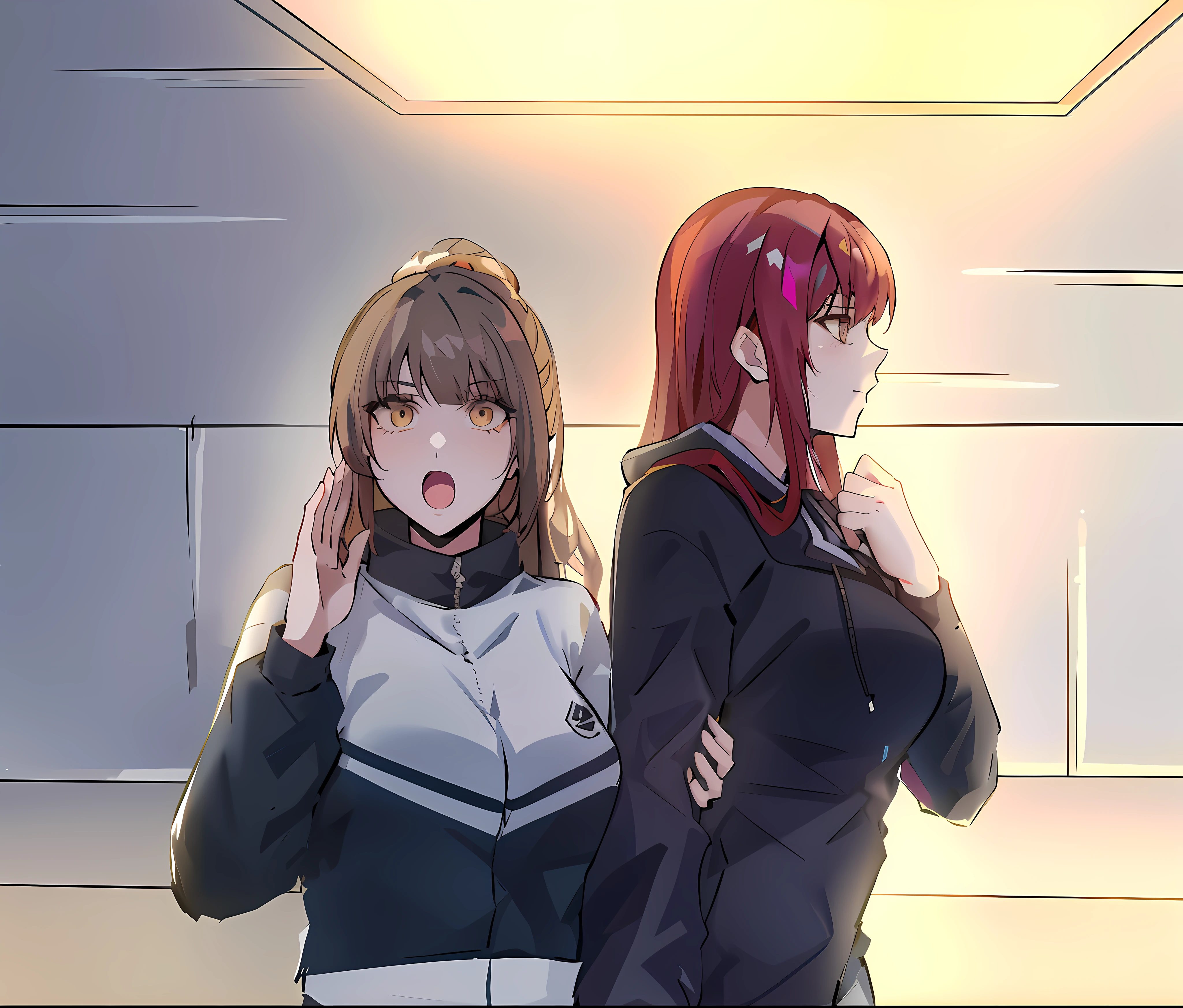 anime image of two women standing next to each other in a room, girls frontline style, from girls frontline, evangelionic illustration, in anime style, in an anime style, ecchi anime style, sankakucomplex anime image, two beautiful anime girls, ig studios anime style, kda and sam yang, high quality fanart, official fanart, ; visual novel