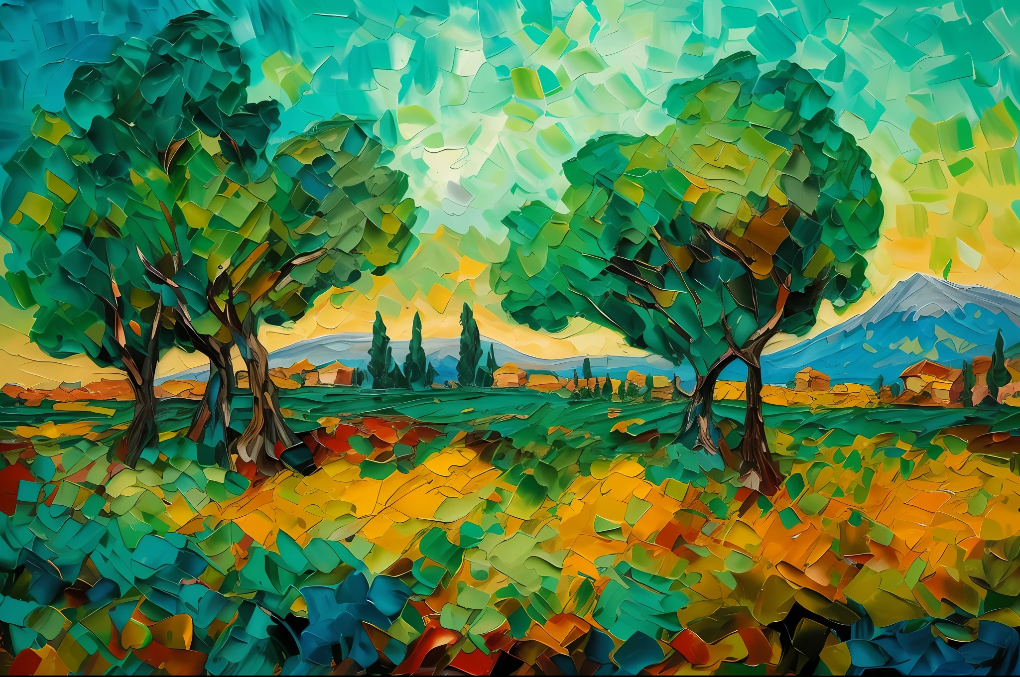 painting of a landscape with trees and a mountain in the distance, beautiful art uhd 4 k, detailed impasto, impasto oil painting, expressive impressionist style, inspired by Vincent Di Fate, oil painting 4 k, oil painting 4k, painted with a palette knife, impasto paint, high detail impressionist style, impressionism style, intricate oil painting artwork