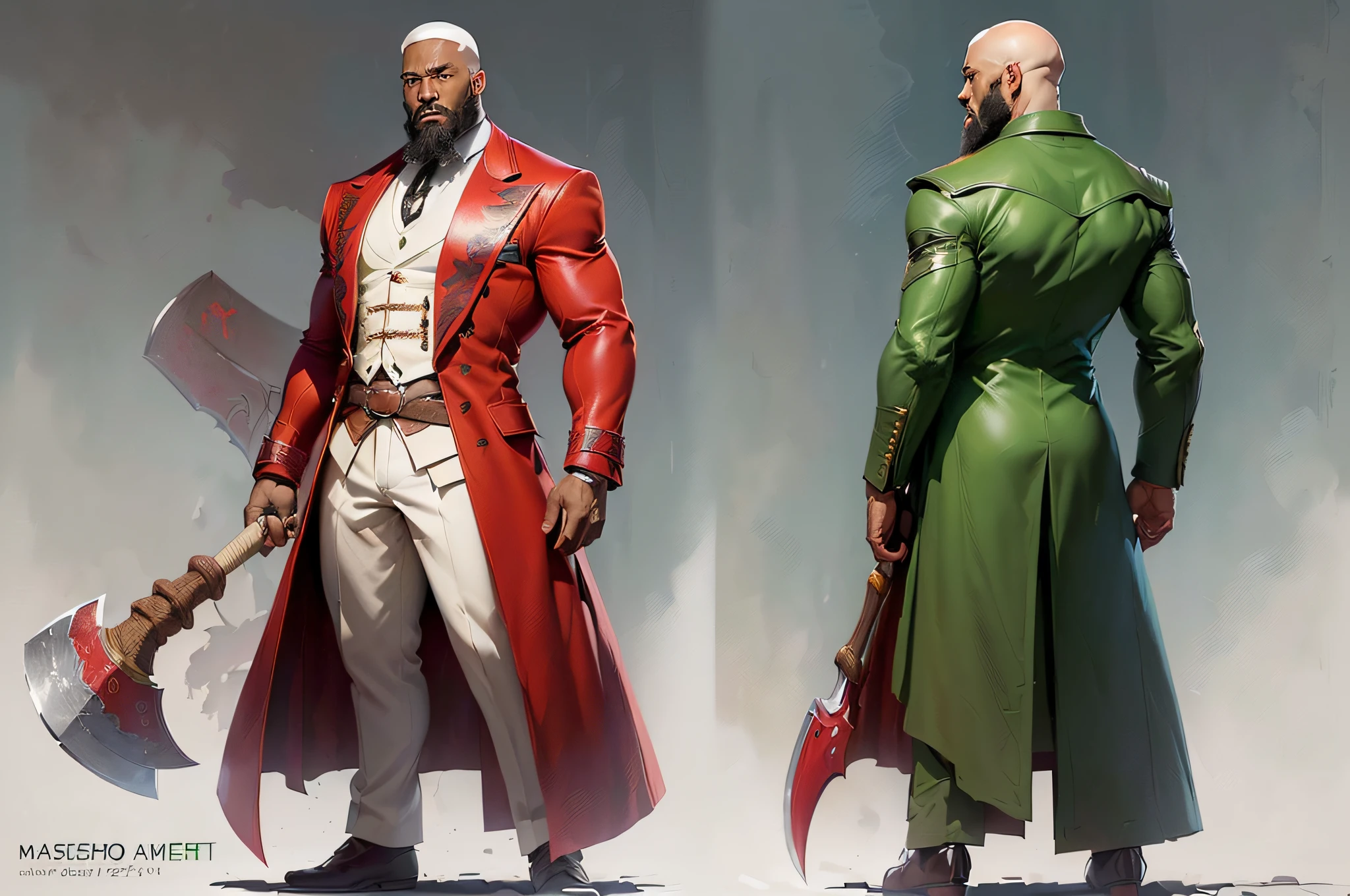 ((masterpiece)),(((best quality)),((((character design sheet, same character, front, side, back))), illustration, 1 African-American man, bald, beautiful beard, green eyes, environment Scene change, pose too, red male overcoat, holding an axe, (single background, white background: 1.3) --s --auto --s2
