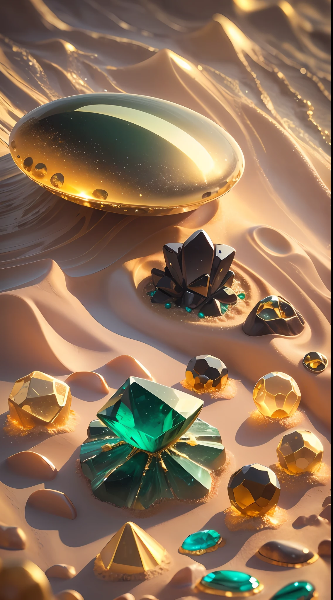 (beach photo:1.2, golden metal:0.7, Onyx gemstones:1.4, emerald gemstones:1.3, top macro view) --auto --s2