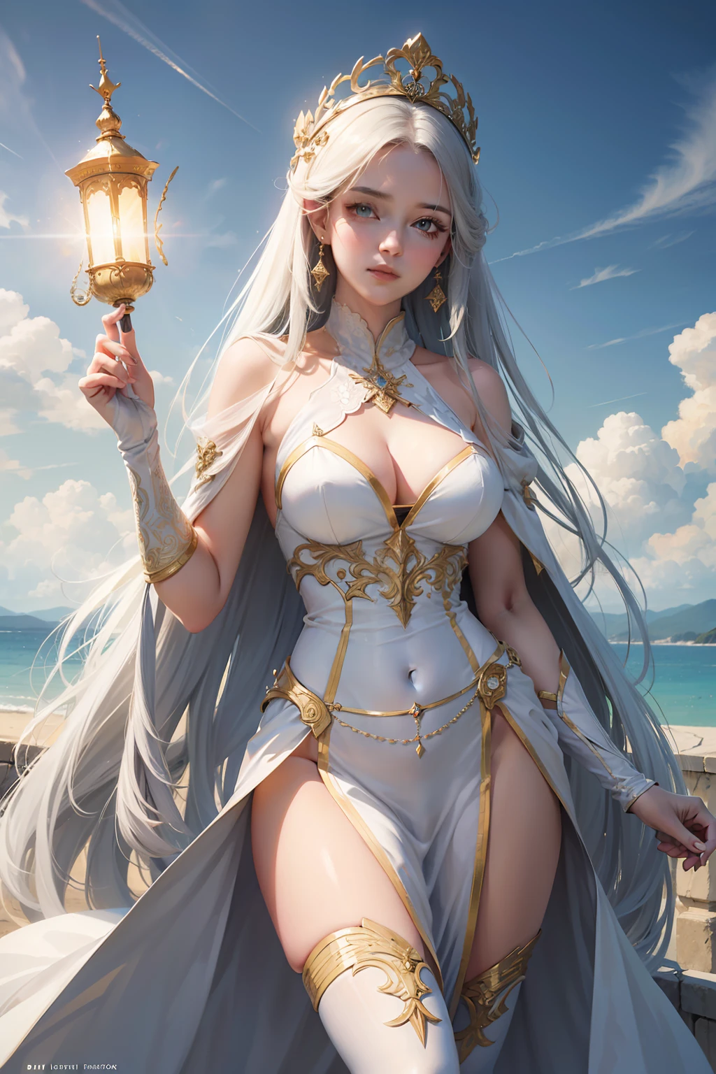 (masterpiece, best quailty, best lighting), a charming woman, goddess, tall figure, gorgeous white clothes, ancient clothes, very long hair, shining eyes, light smile, thighs, cloudy sky, heaven, (4k, high resolution, best illustration, high quailty)