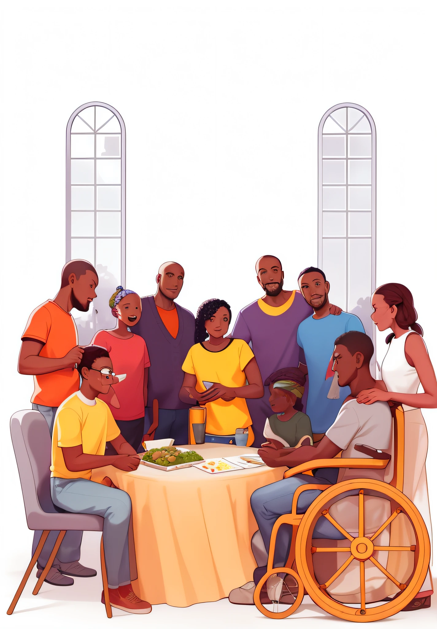 there are many people sitting around a table with a table cloth, full color illustration, by Chinwe Chukwuogo-Roy, family dinner, people at the table, group sit at table, by Ingrida Kadaka, official illustration, colored illustration, stylized digital illustration, full color digital illustration, group of people, fan art