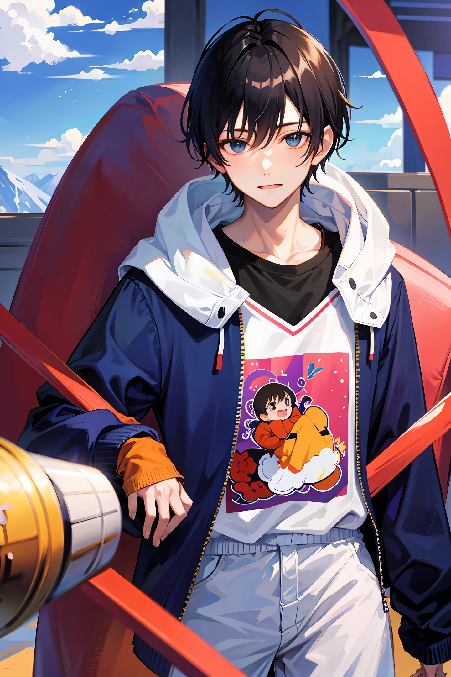 A Young Man Wearing an Anime Sweatshirt