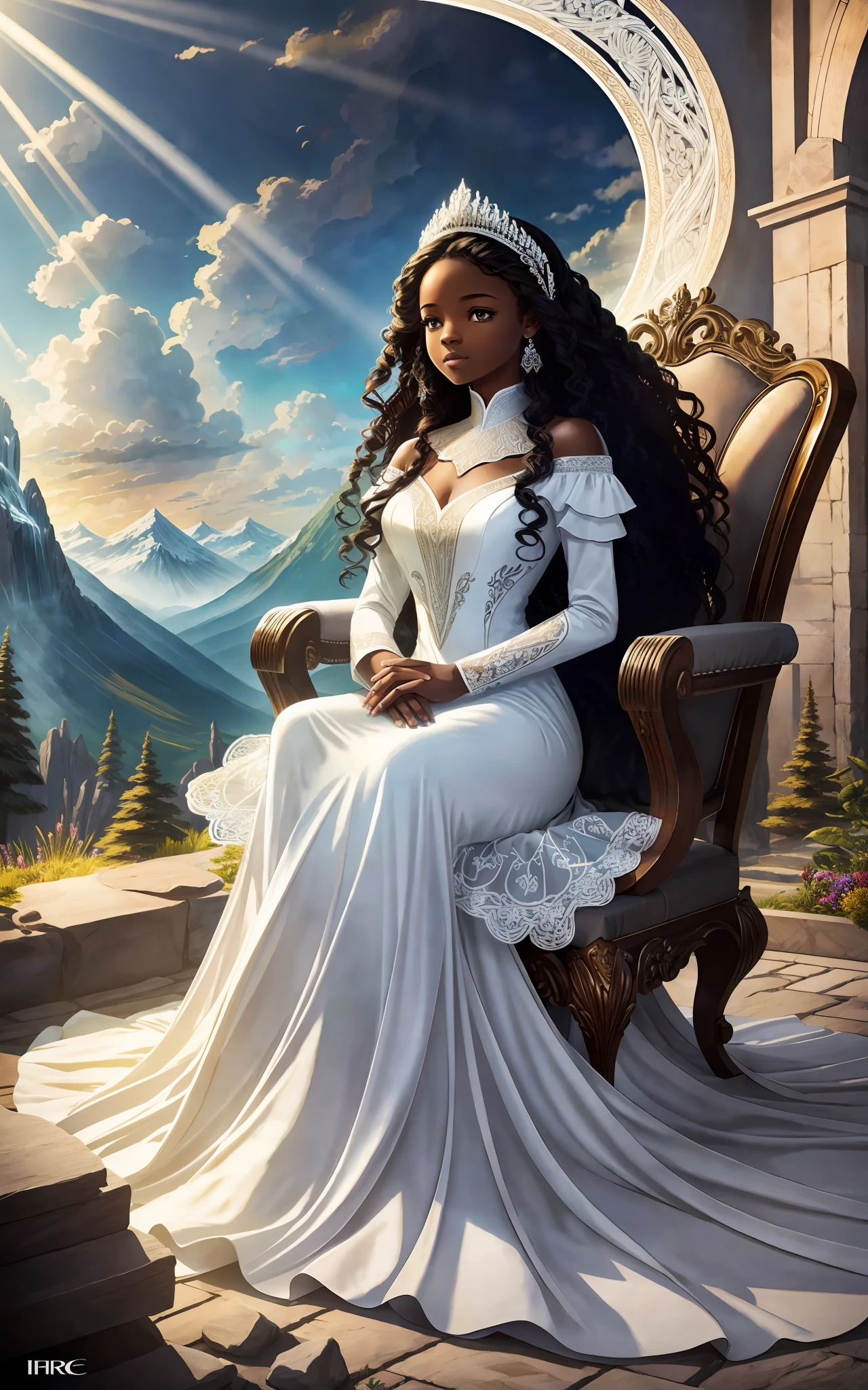 award winning 64k concept art of (black 1girl:1.2) in white majestic dress sitting on the throne in the mountains, posing, epic, god rays, centered, (masterpiece:1.2), (best quality:1.2), Amazing, highly detailed, beautiful, finely detailed, warm soft color grading, Depth of field, extremely detailed 8k, fine art, stunning, iridescent, shiny, (light reflections:1.2), (crisp:1.5), curls, wind, vibrant, sunlit, (edge detection:1.2), absurdres