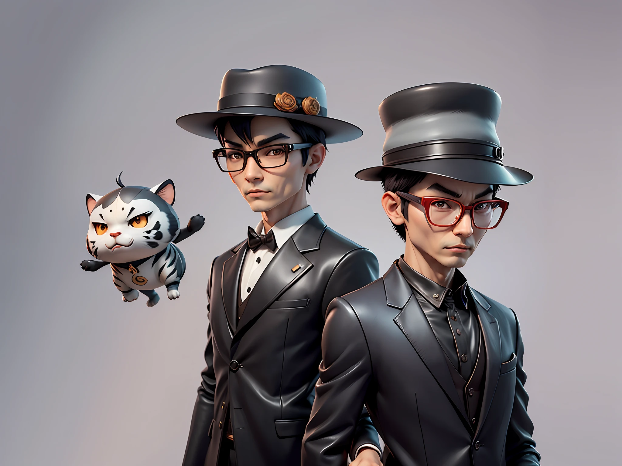 Young man with oriental face in leather hat, tiger, oriental face in formal suit, short black hair, silver glasses, digital painting, 3D character design by Mark Clairedon and Pixar and Hayao Miyazaki and Akira Toriyama, the illustration is a high-definition illustration in 4K resolution with very detailed facial features and cartoon-style visuals.