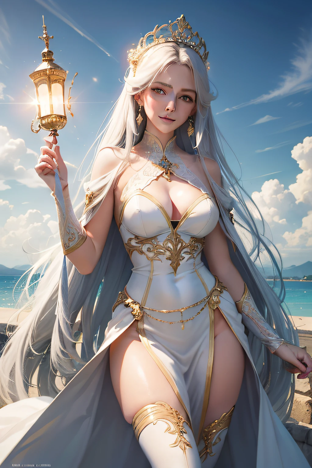 (masterpiece, best quailty, best lighting), a charming woman, goddess, tall figure, gorgeous white clothes, ancient clothes, very long hair, shining eyes, light smile, thighs, cloudy sky, heaven, (4k, high resolution, best illustration, high quailty)